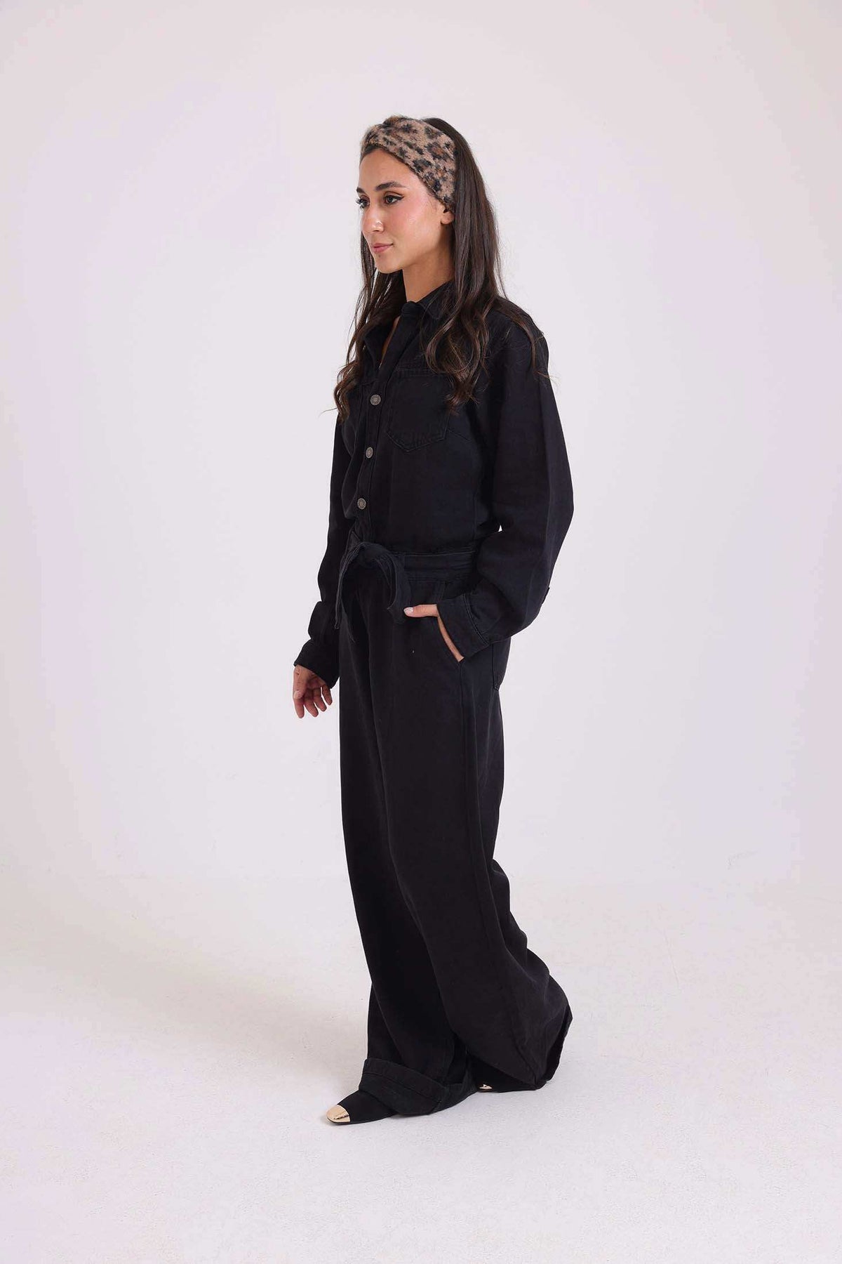 Wide-Leg Buttoned Jumpsuit with Tie Waist