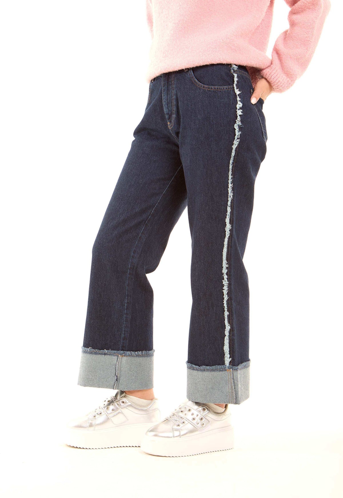 Folded-Hem Straight Denim Pants