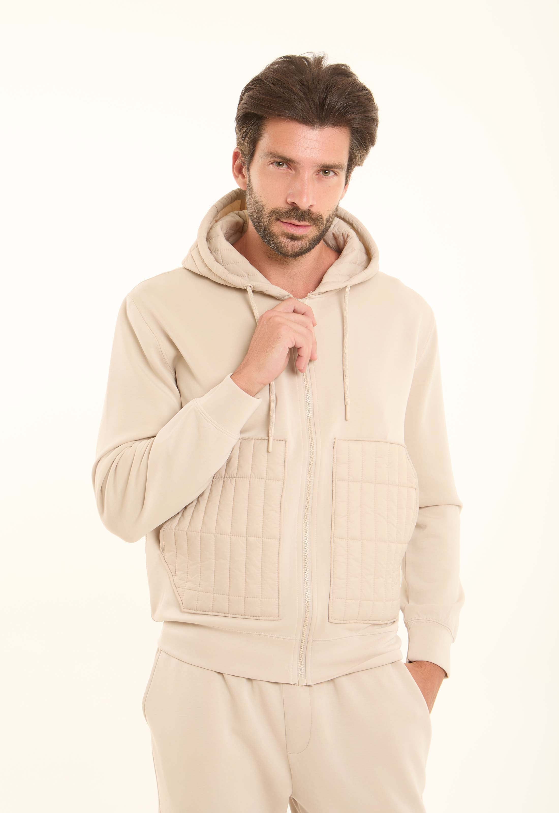 Zipped Hoodie with Front Quilted Pockets
