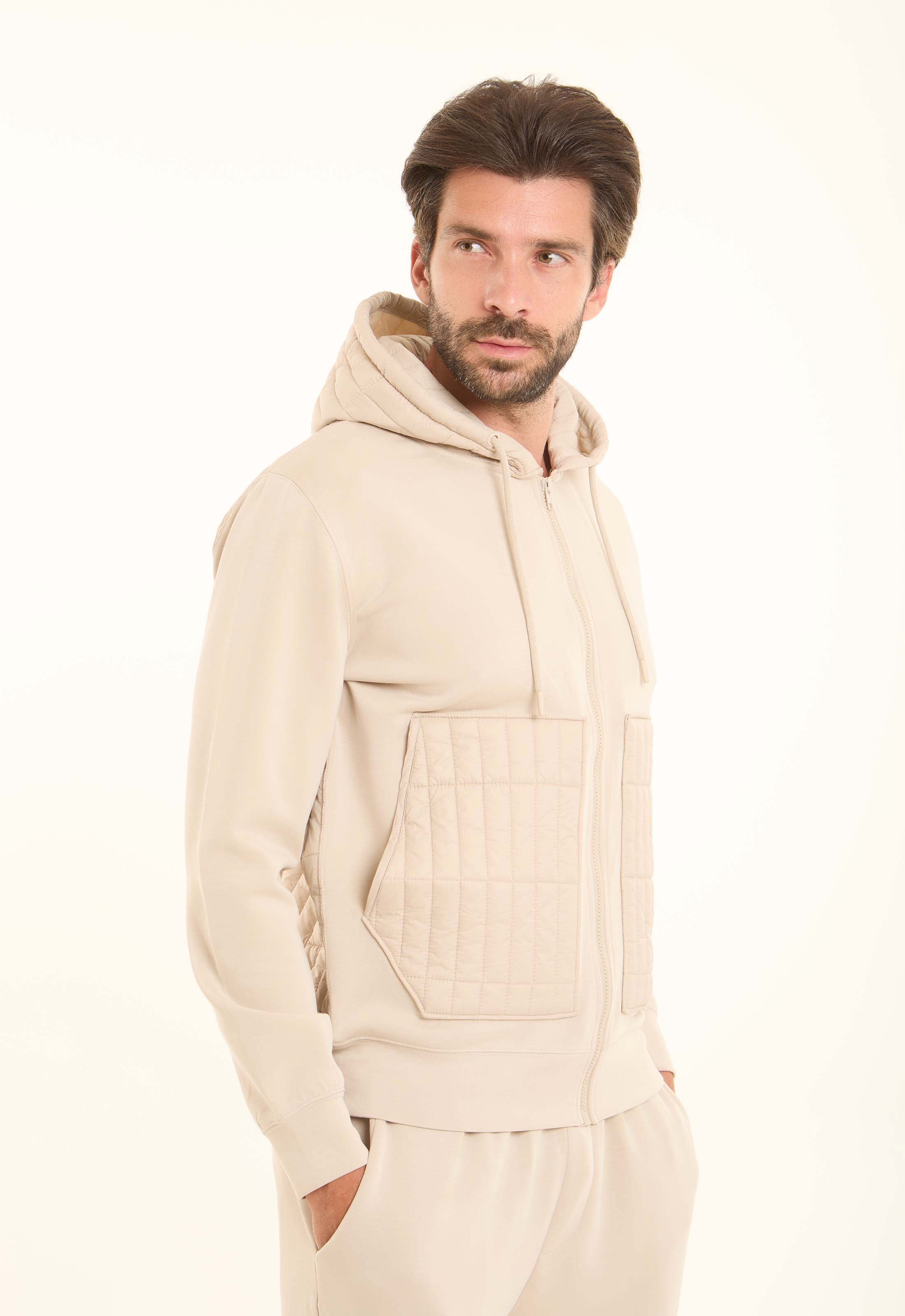 Zipped Hoodie with Front Quilted Pockets