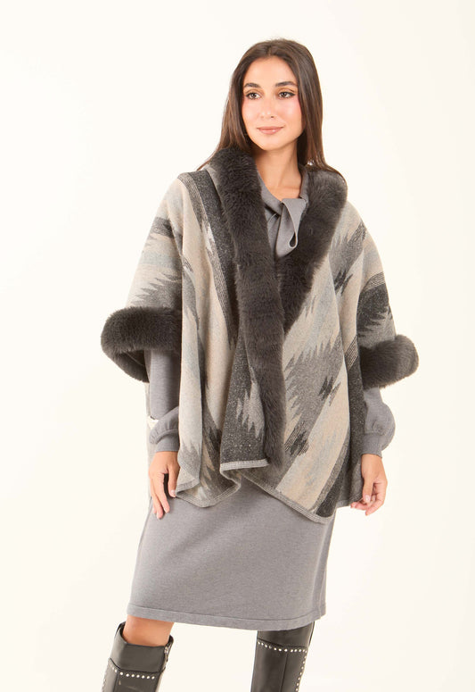 Patterned Poncho with Fur Neckline & Cuffs