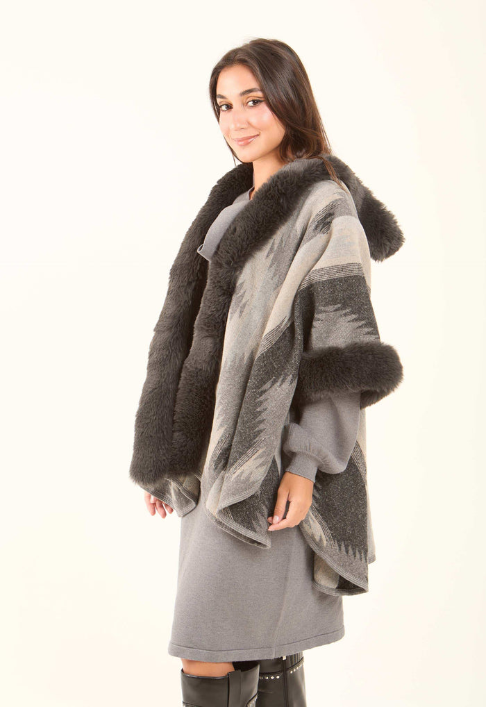 Patterned Poncho with Fur Neckline & Cuffs