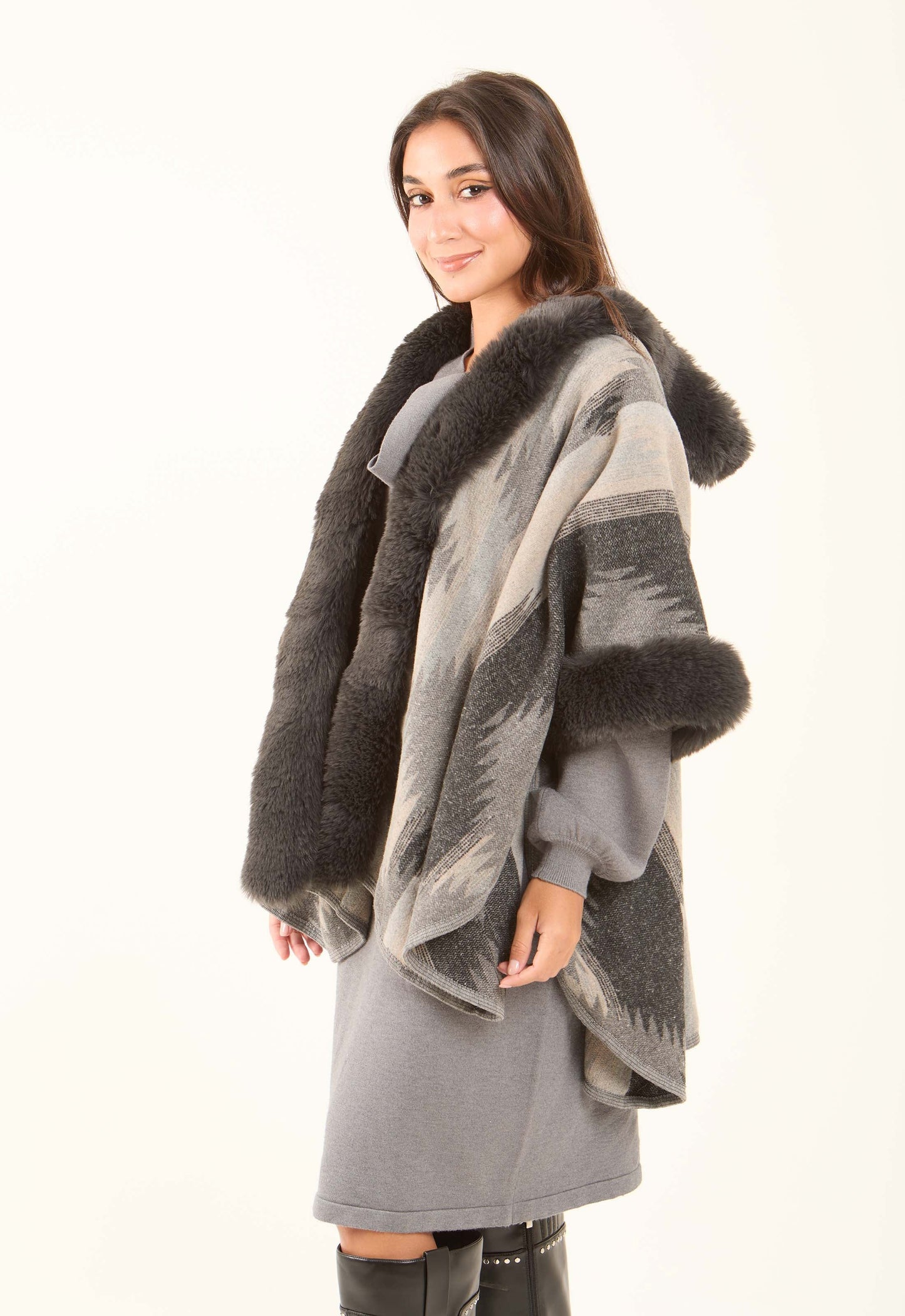 Patterned Poncho with Fur Neckline & Cuffs