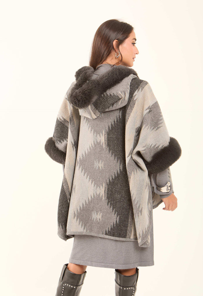 Patterned Poncho with Fur Neckline & Cuffs