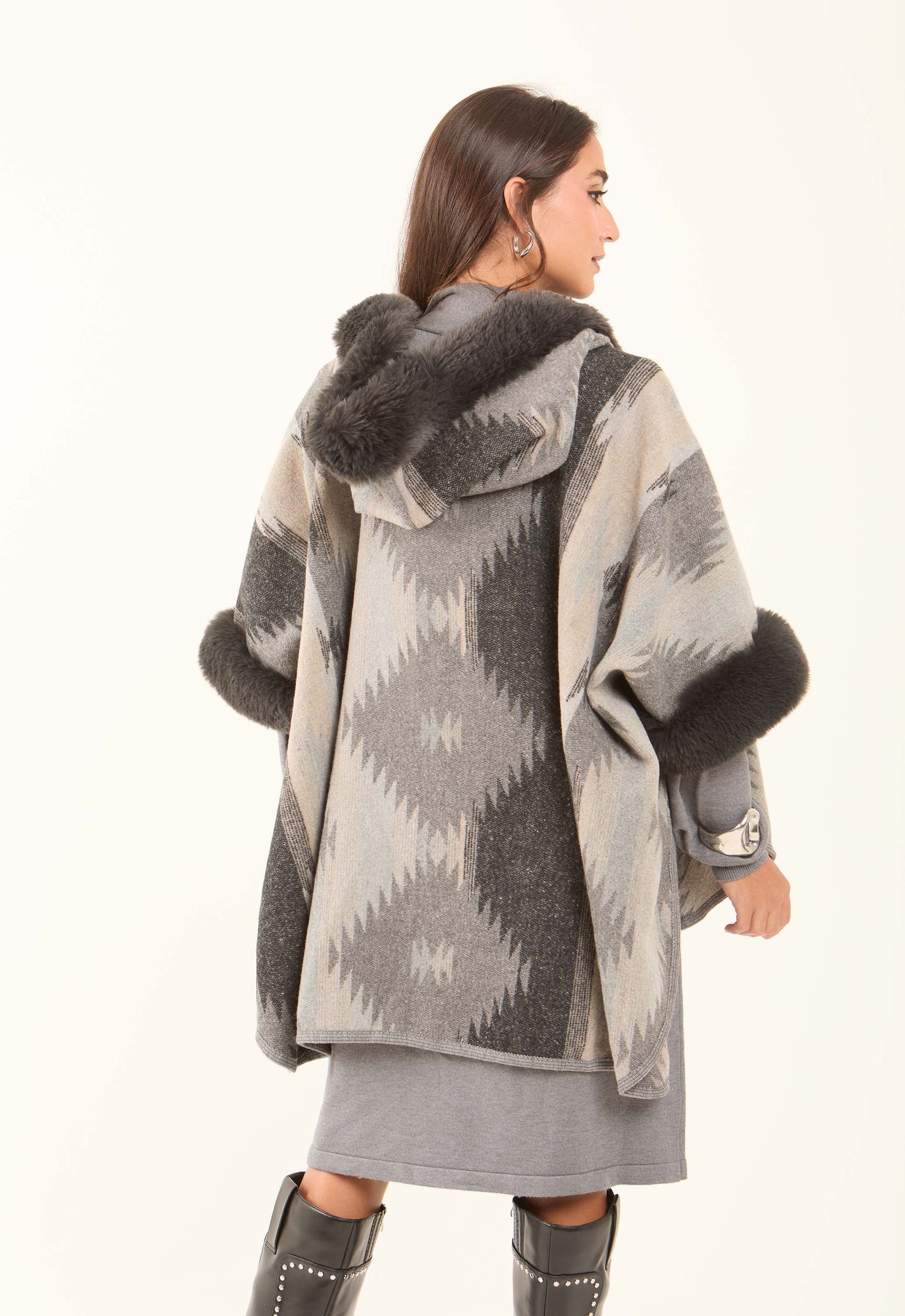 Patterned Poncho with Fur Neckline & Cuffs