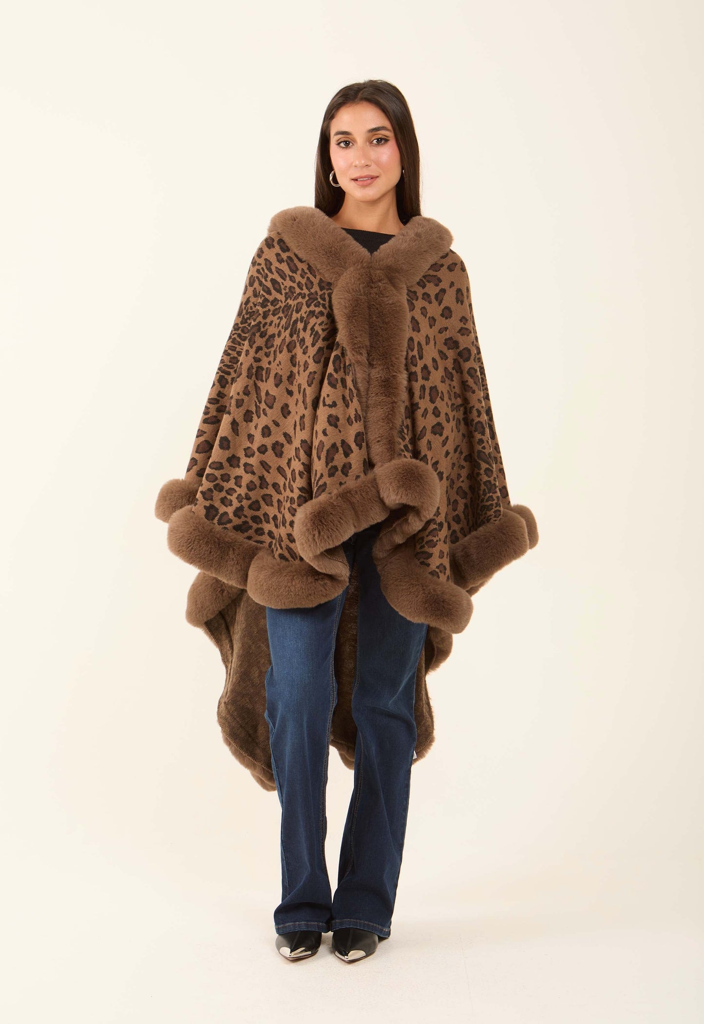 Hi-Low Fur Trim Leopard Poncho