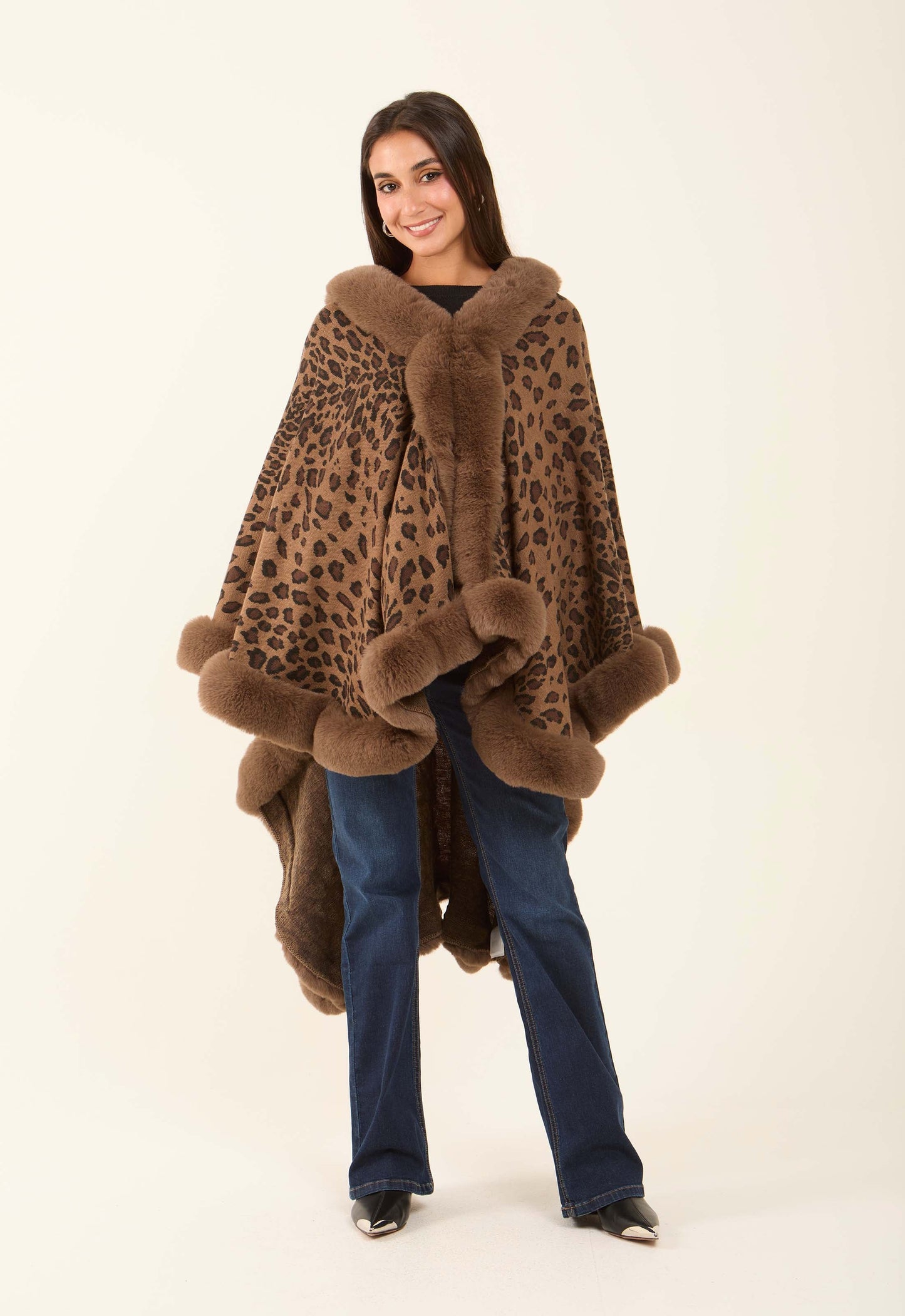 Hi-Low Fur Trim Leopard Poncho
