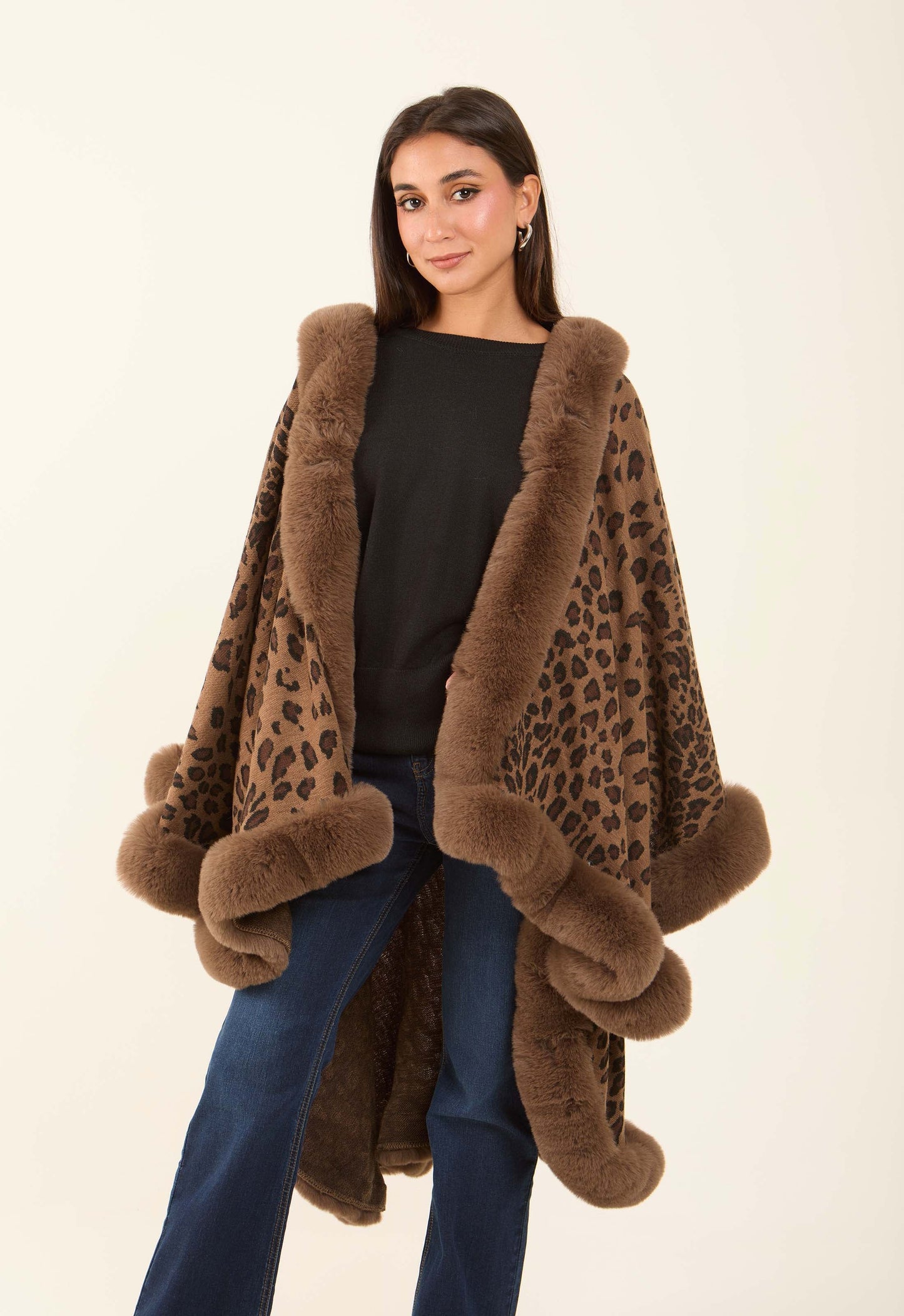 Hi-Low Fur Trim Leopard Poncho