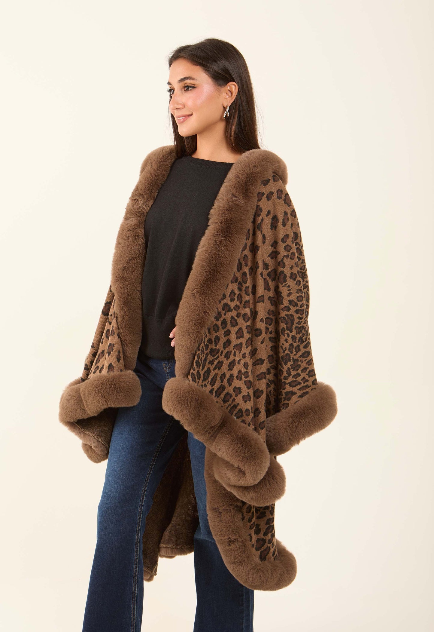 Hi-Low Fur Trim Leopard Poncho