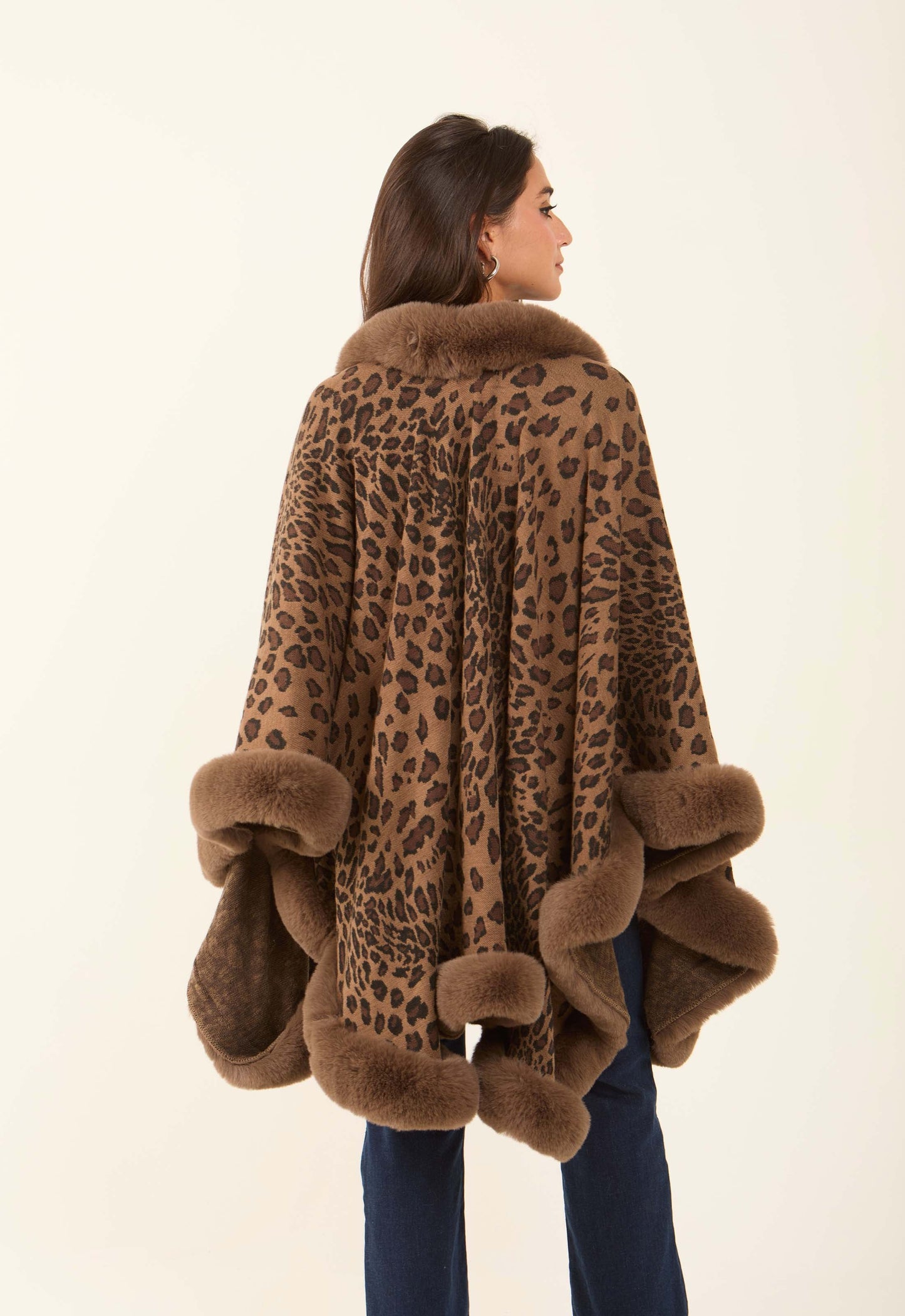 Hi-Low Fur Trim Leopard Poncho