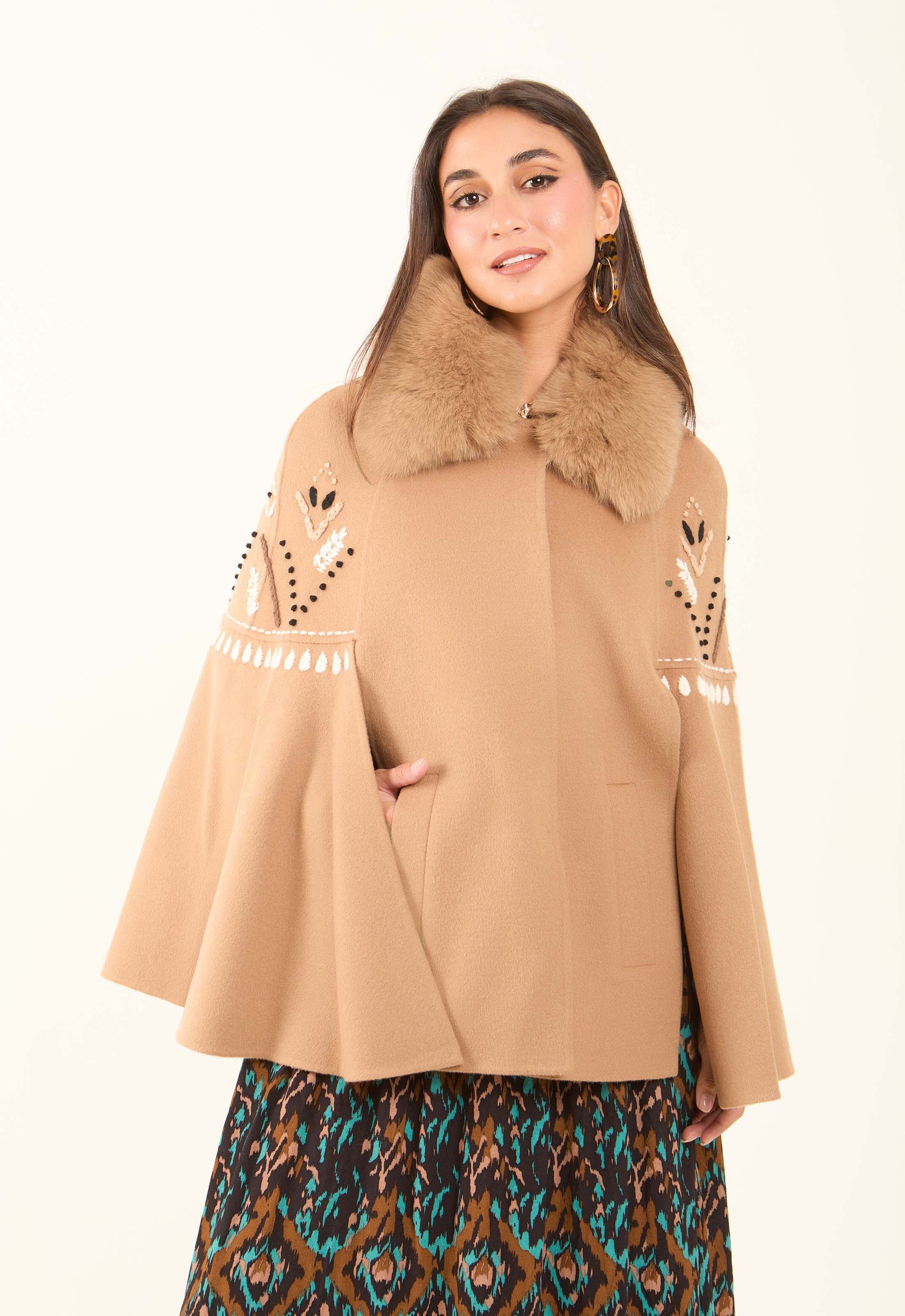 Embroidered Winter Cape with Fur Collar