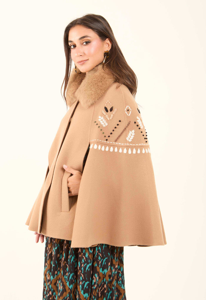 Embroidered Winter Cape with Fur Collar