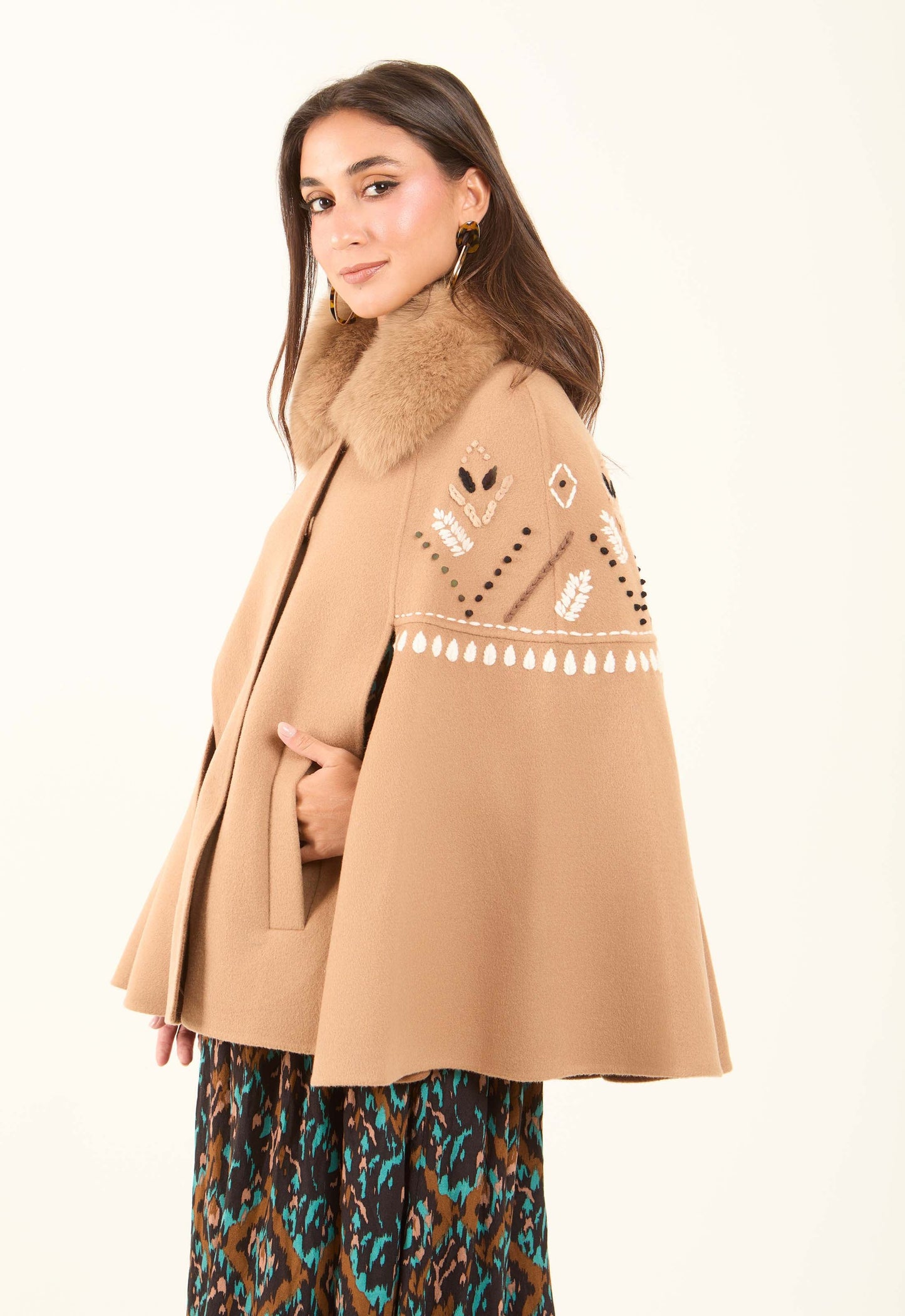 Embroidered Winter Cape with Fur Collar