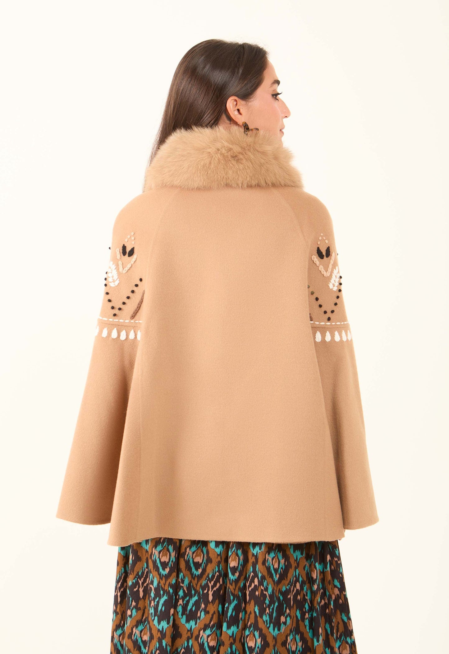 Embroidered Winter Cape with Fur Collar
