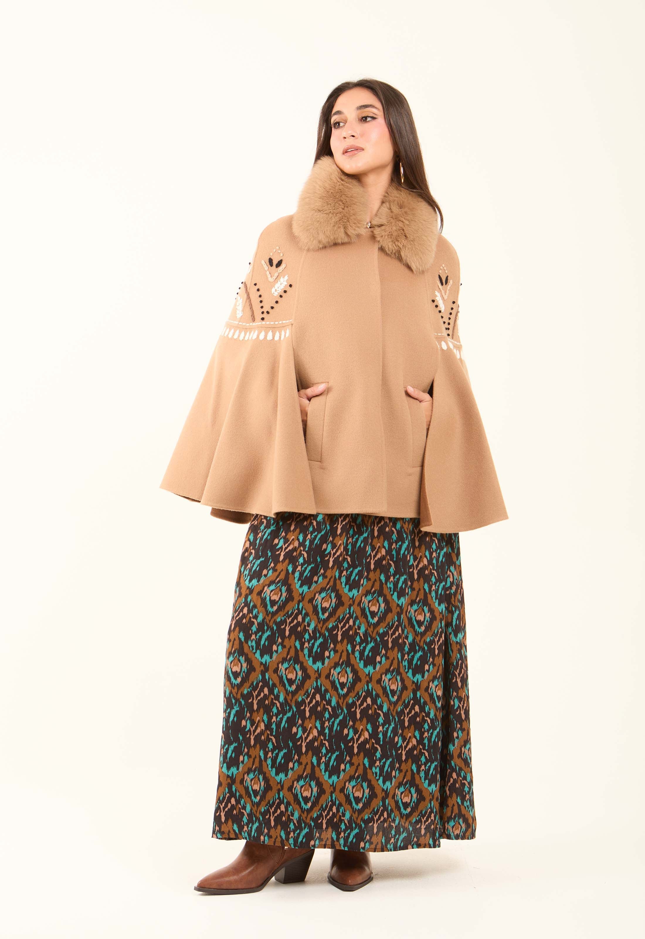Embroidered Winter Cape with Fur Collar