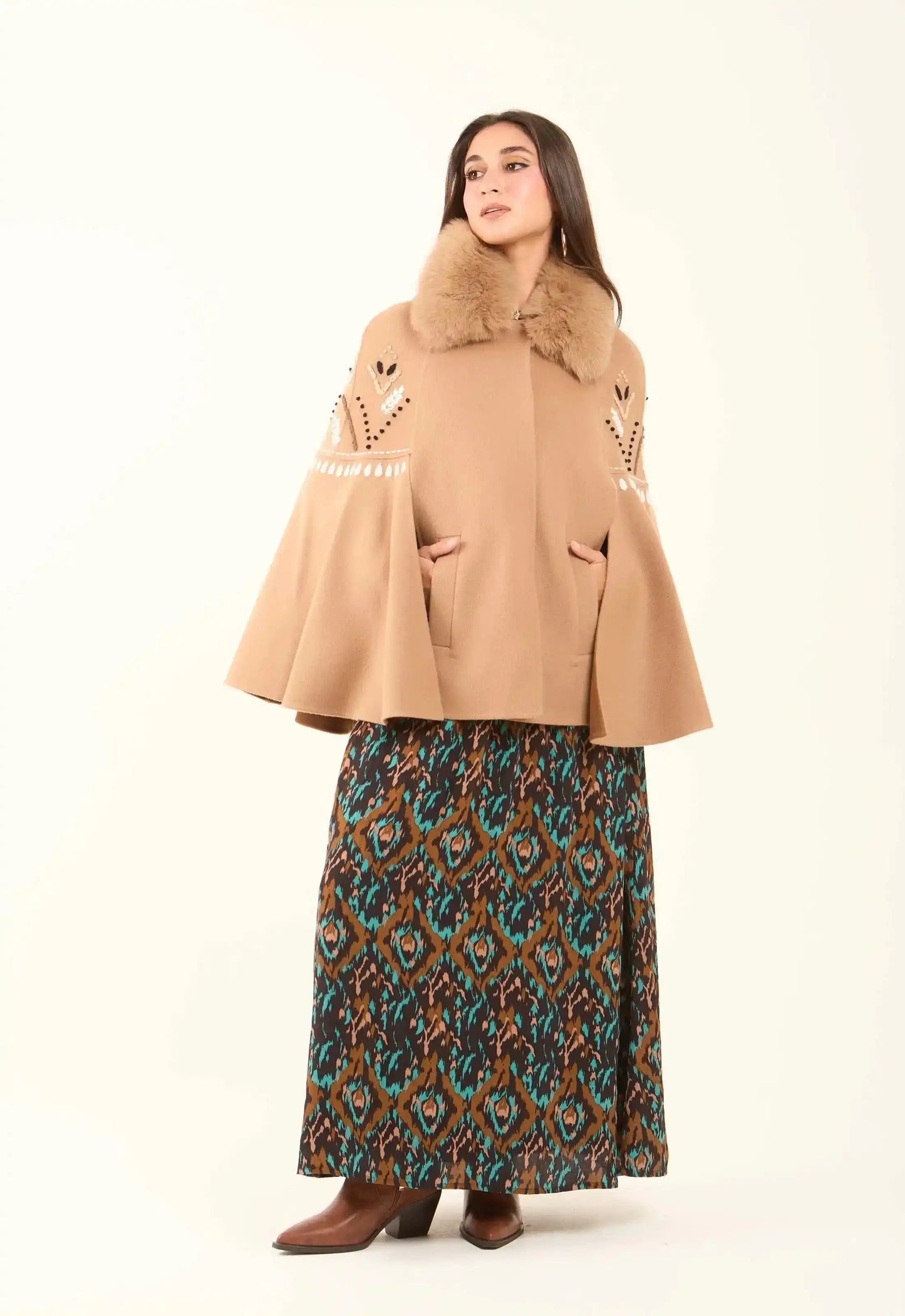 Embroidered Winter Cape with Fur Collar