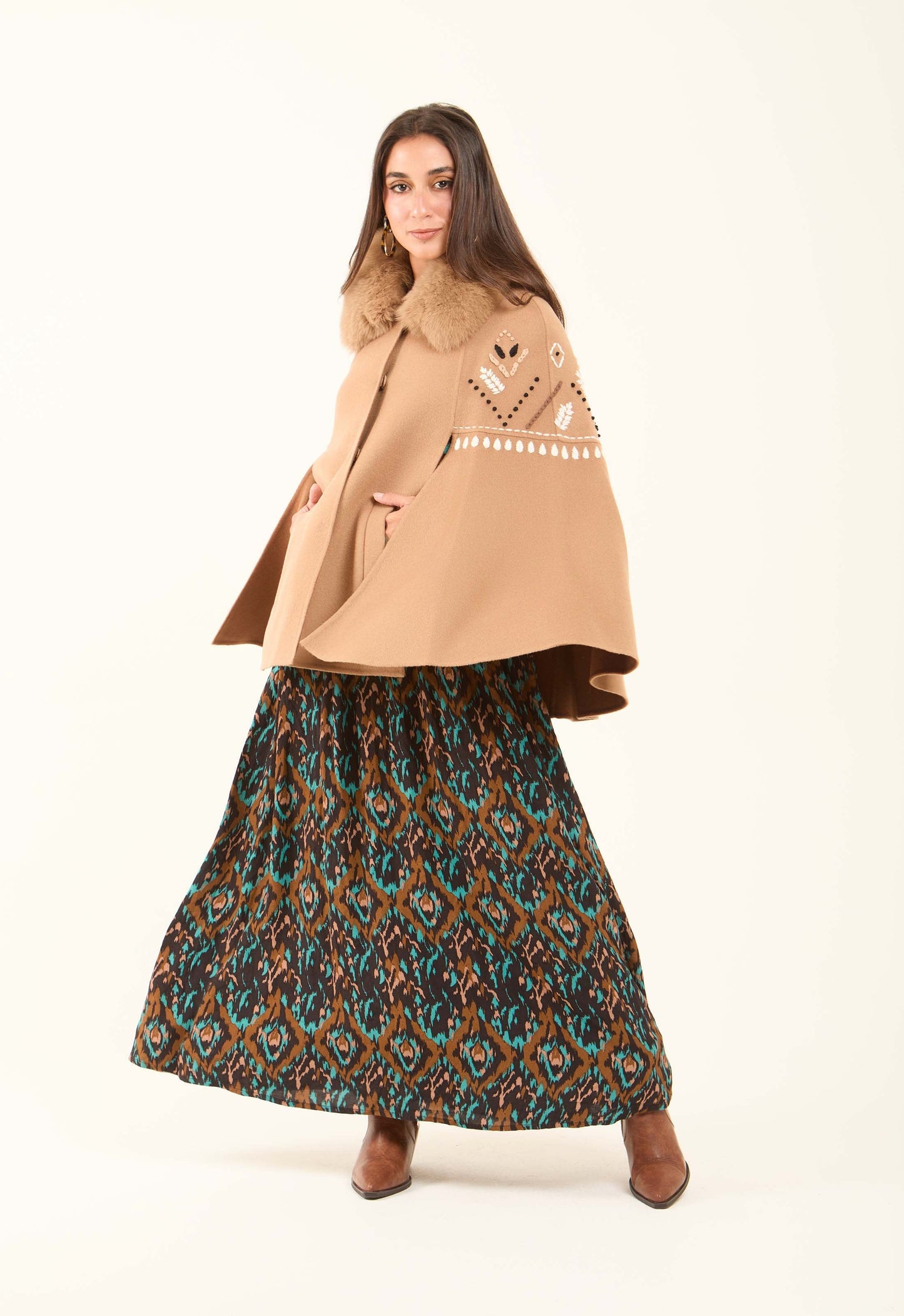 Embroidered Winter Cape with Fur Collar