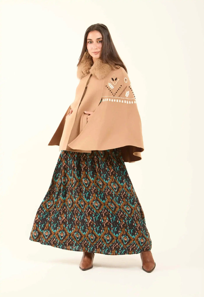 Embroidered Winter Cape with Fur Collar