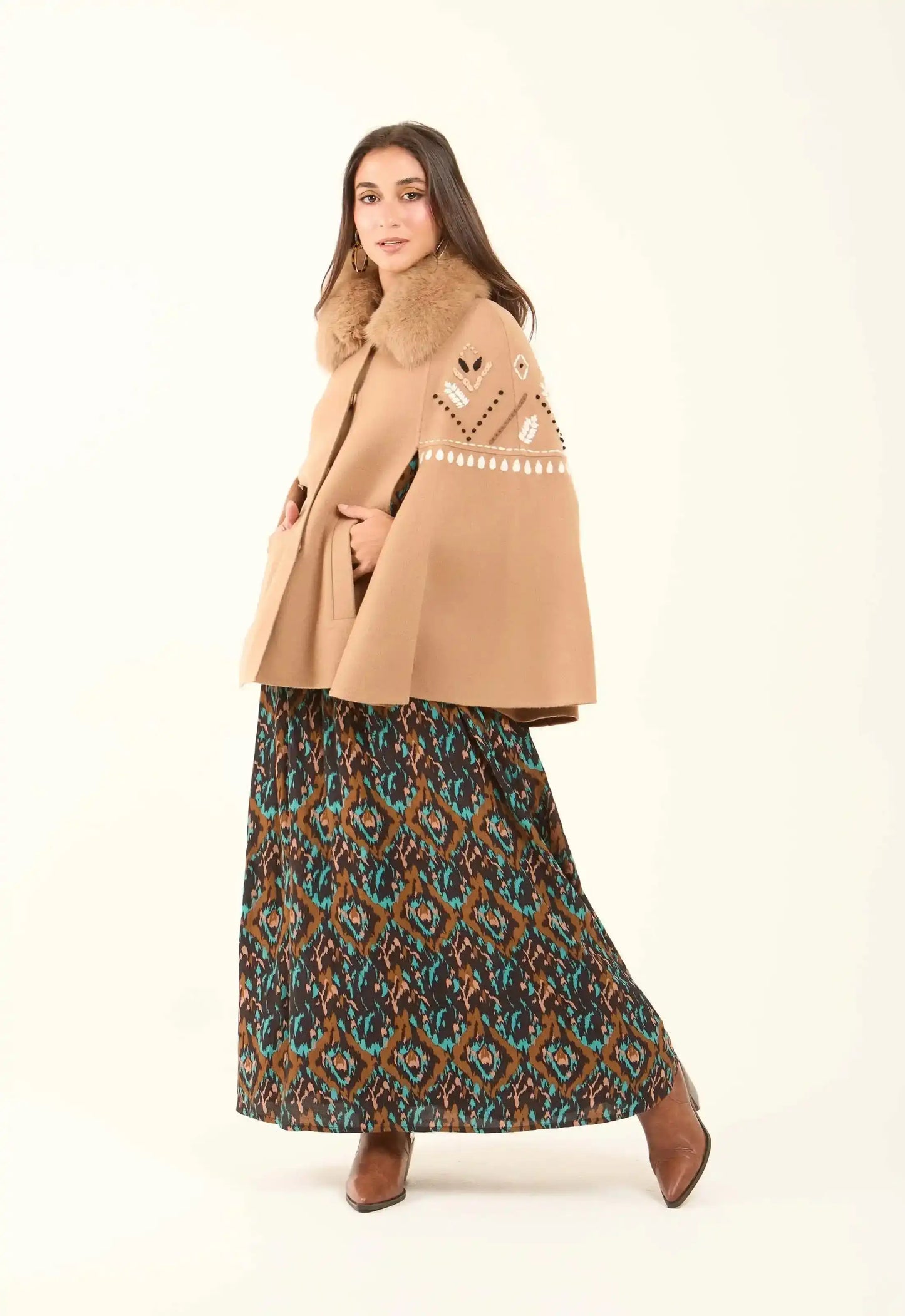 Embroidered Winter Cape with Fur Collar