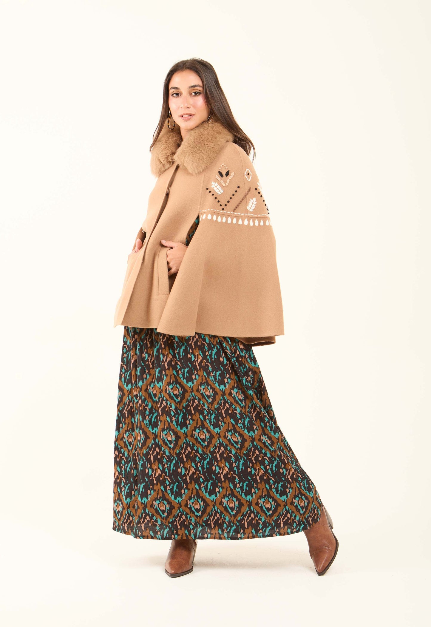 Embroidered Winter Cape with Fur Collar