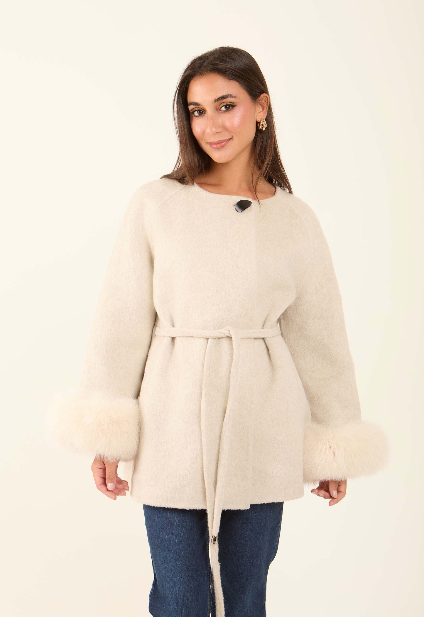 Belted Wool-Blend Fur-Trim Coat