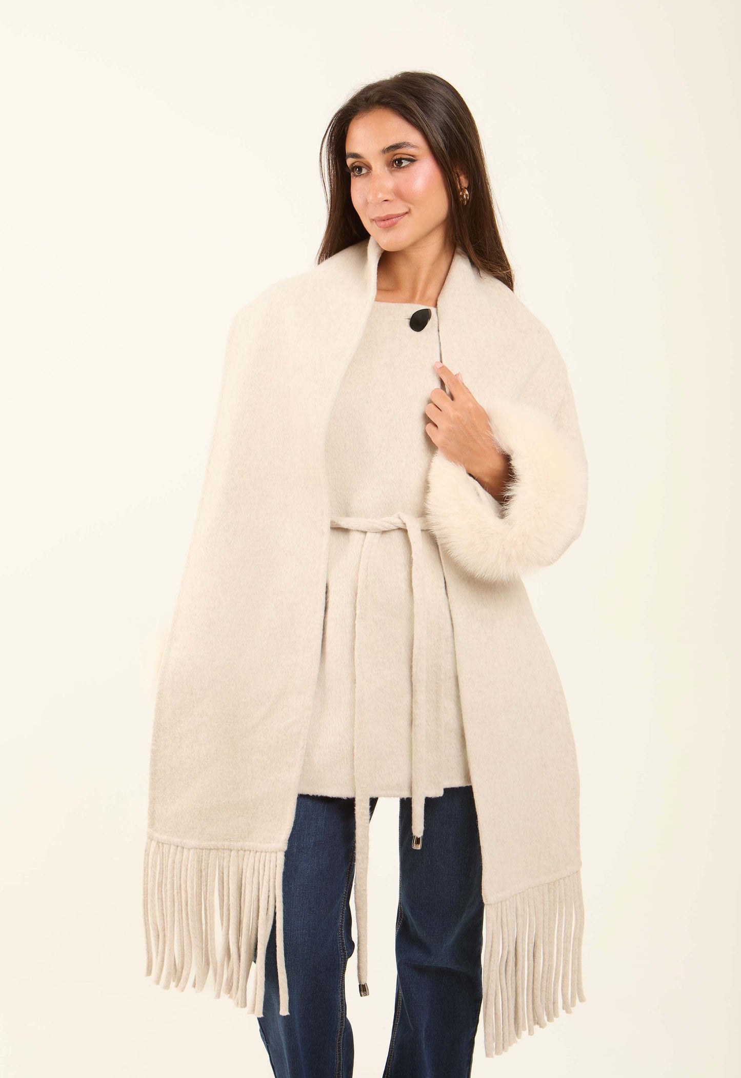 Belted Wool-Blend Fur-Trim Coat