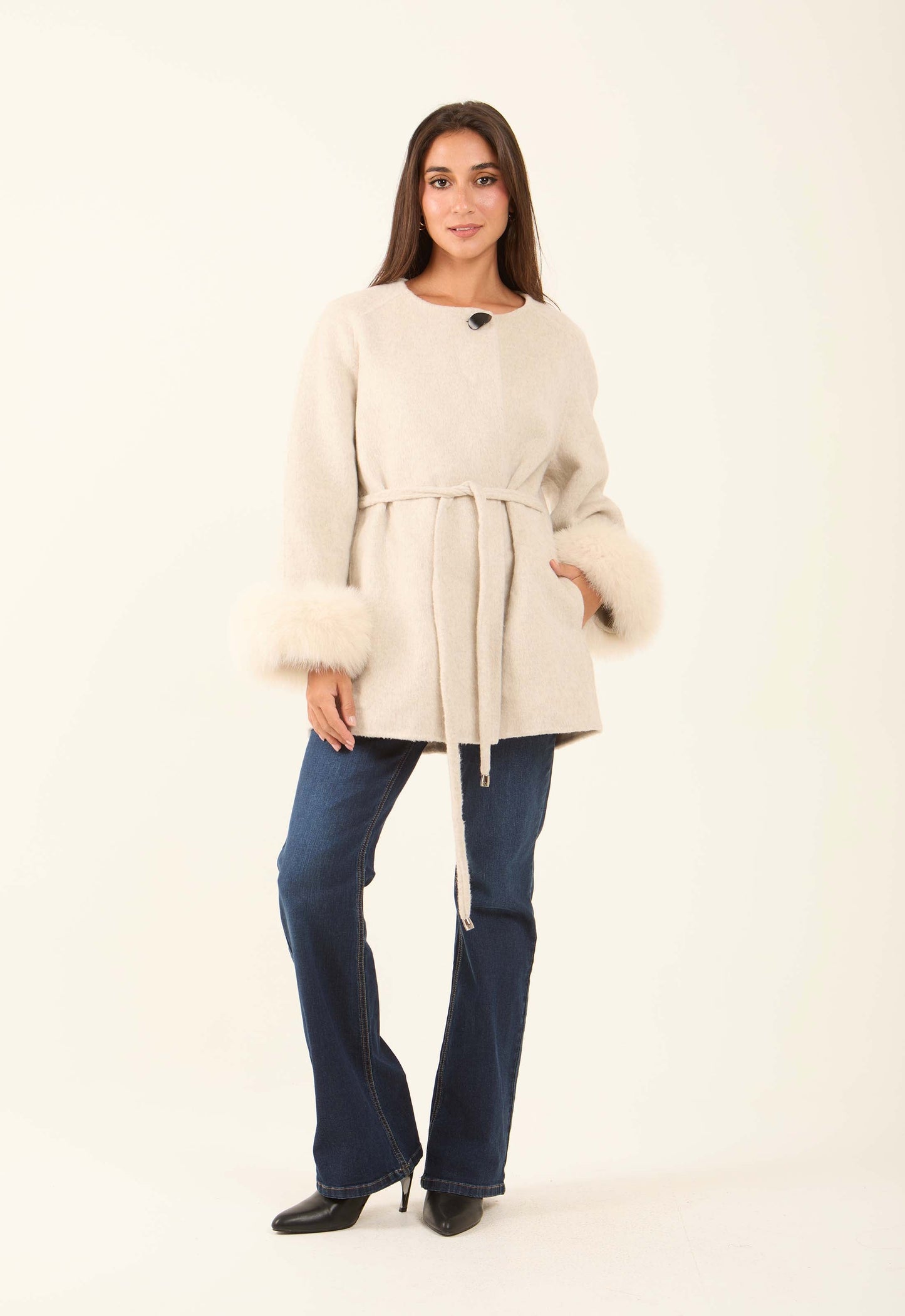 Belted Wool-Blend Fur-Trim Coat