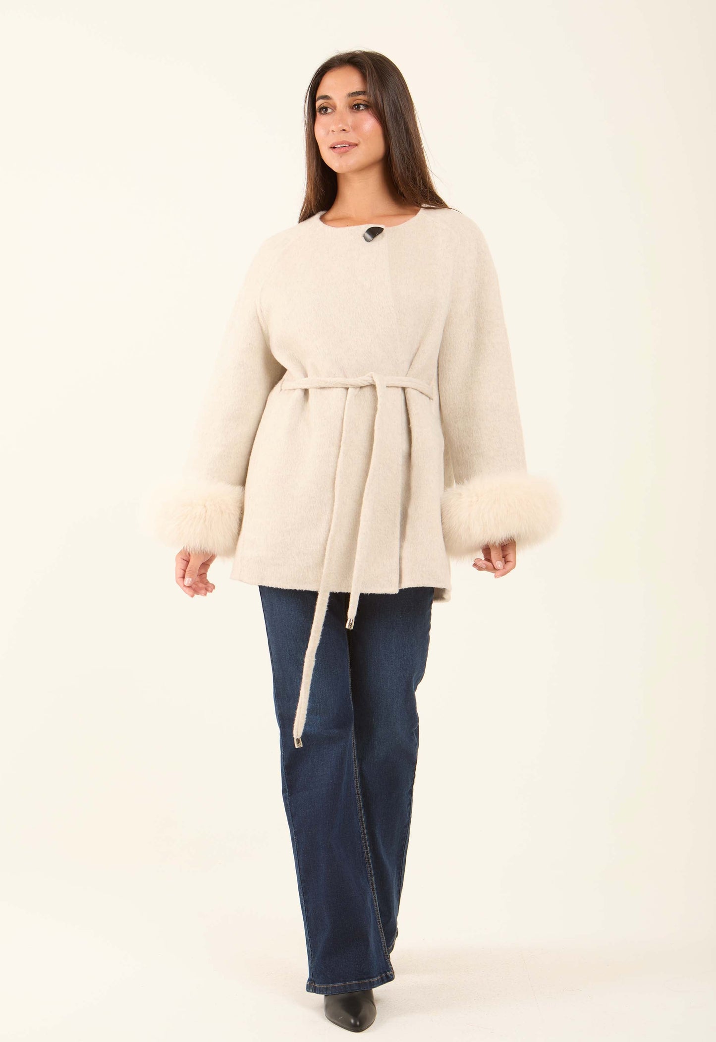 Belted Wool-Blend Fur-Trim Coat