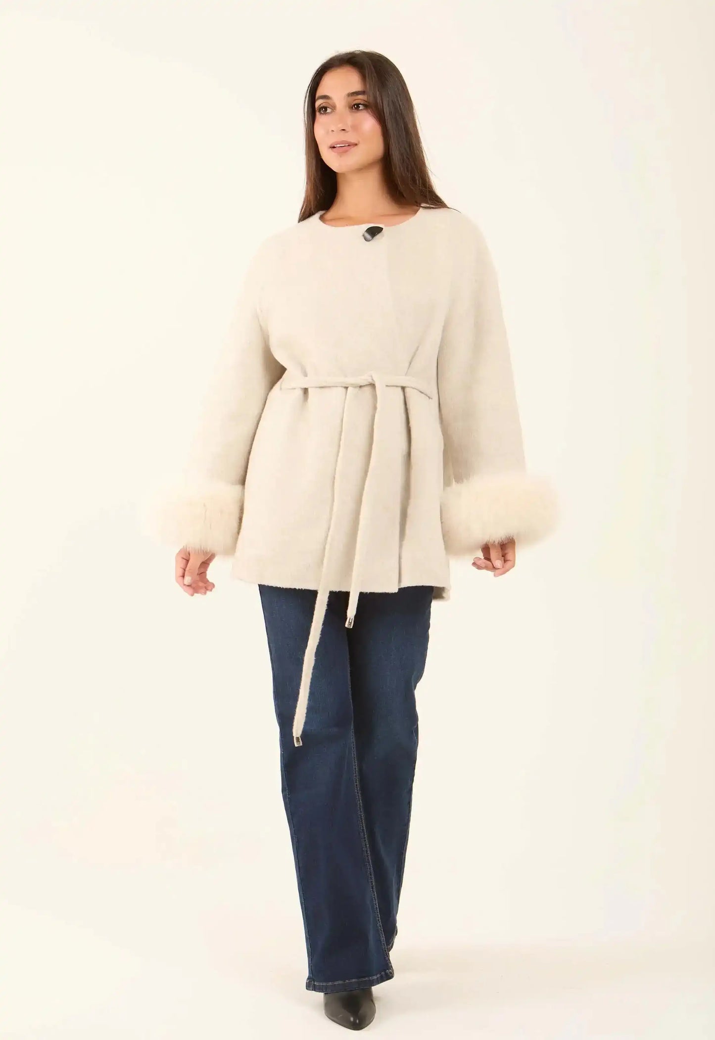 Belted Wool-Blend Fur-Trim Coat