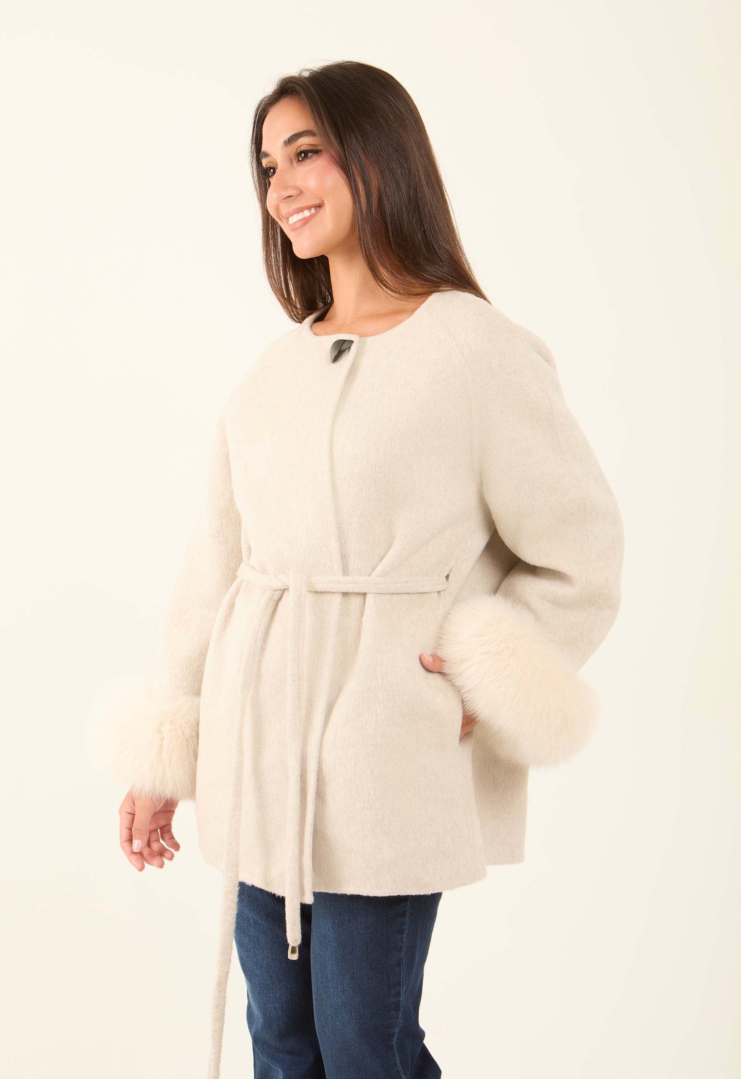 Belted Wool-Blend Fur-Trim Coat