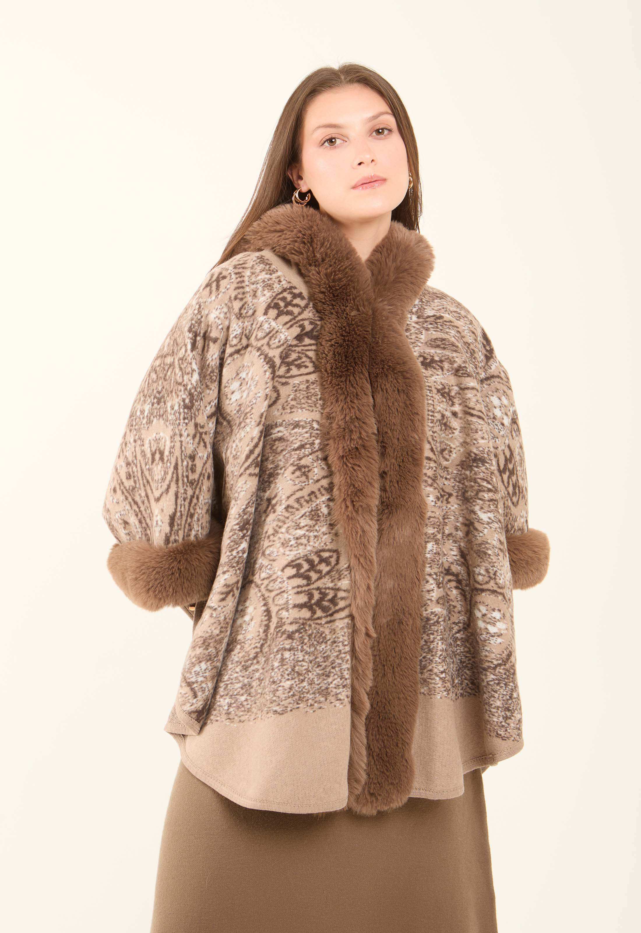 Fur Hooded Neck Patterned Poncho