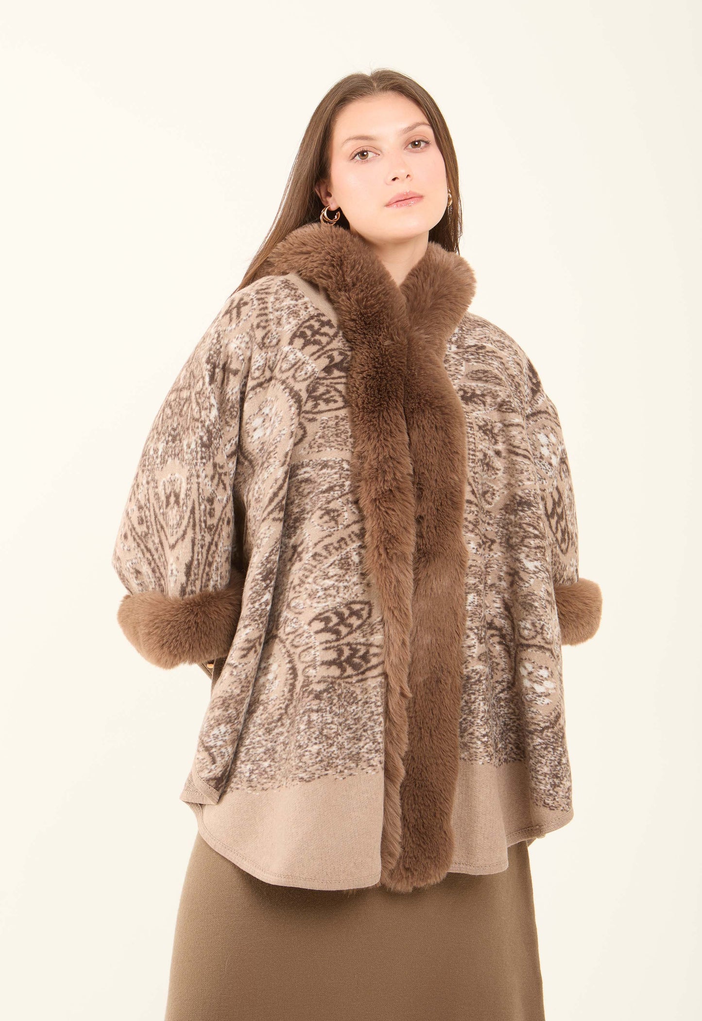 Fur Hooded Neck Patterned Poncho