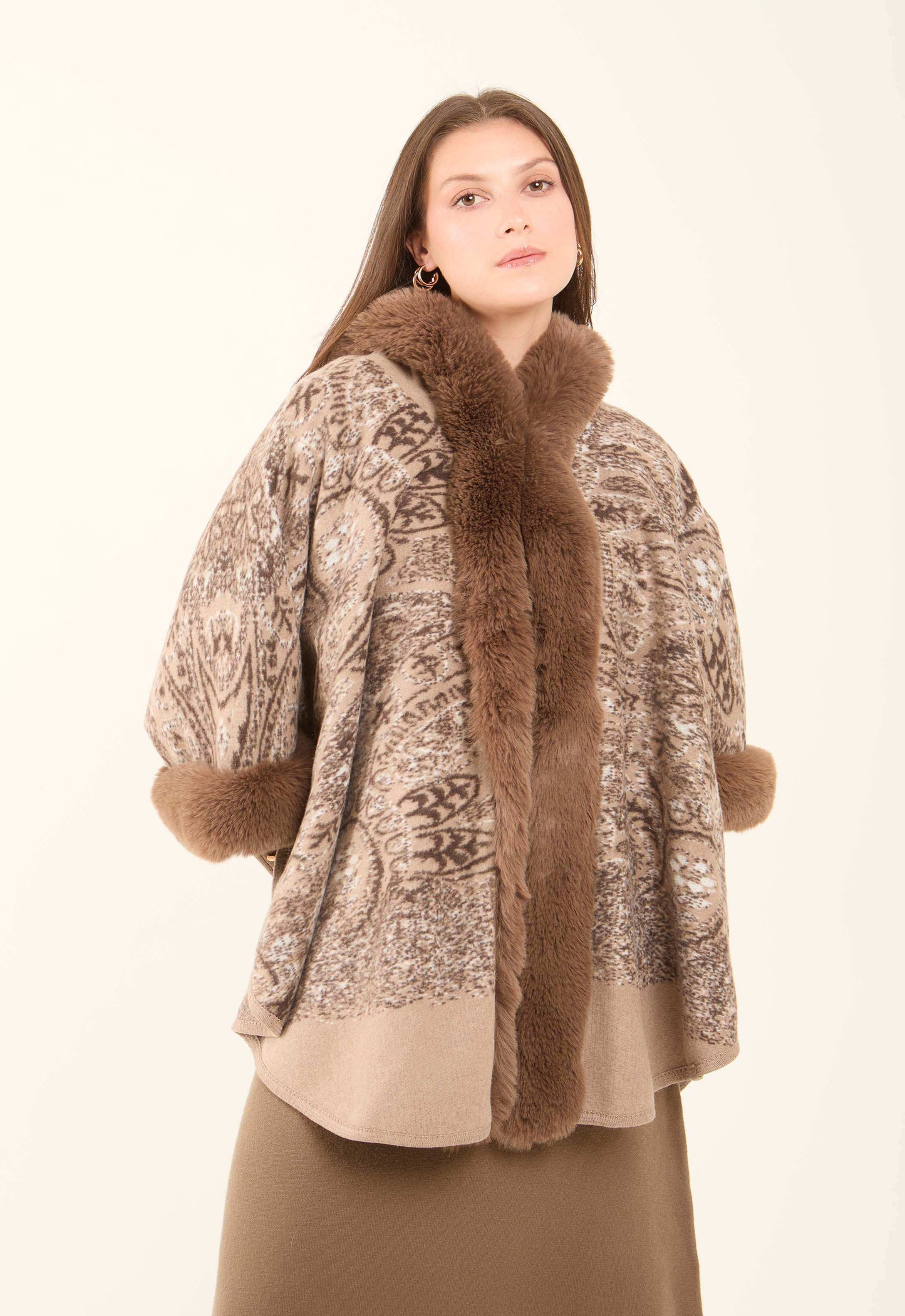 Fur Hooded Neck Patterned Poncho