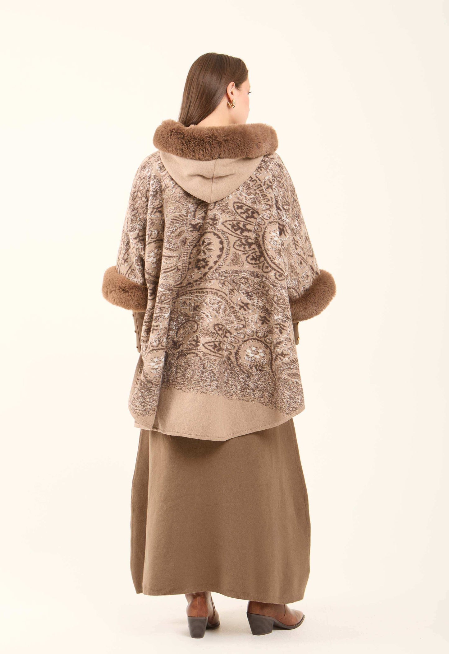 Fur Hooded Neck Patterned Poncho