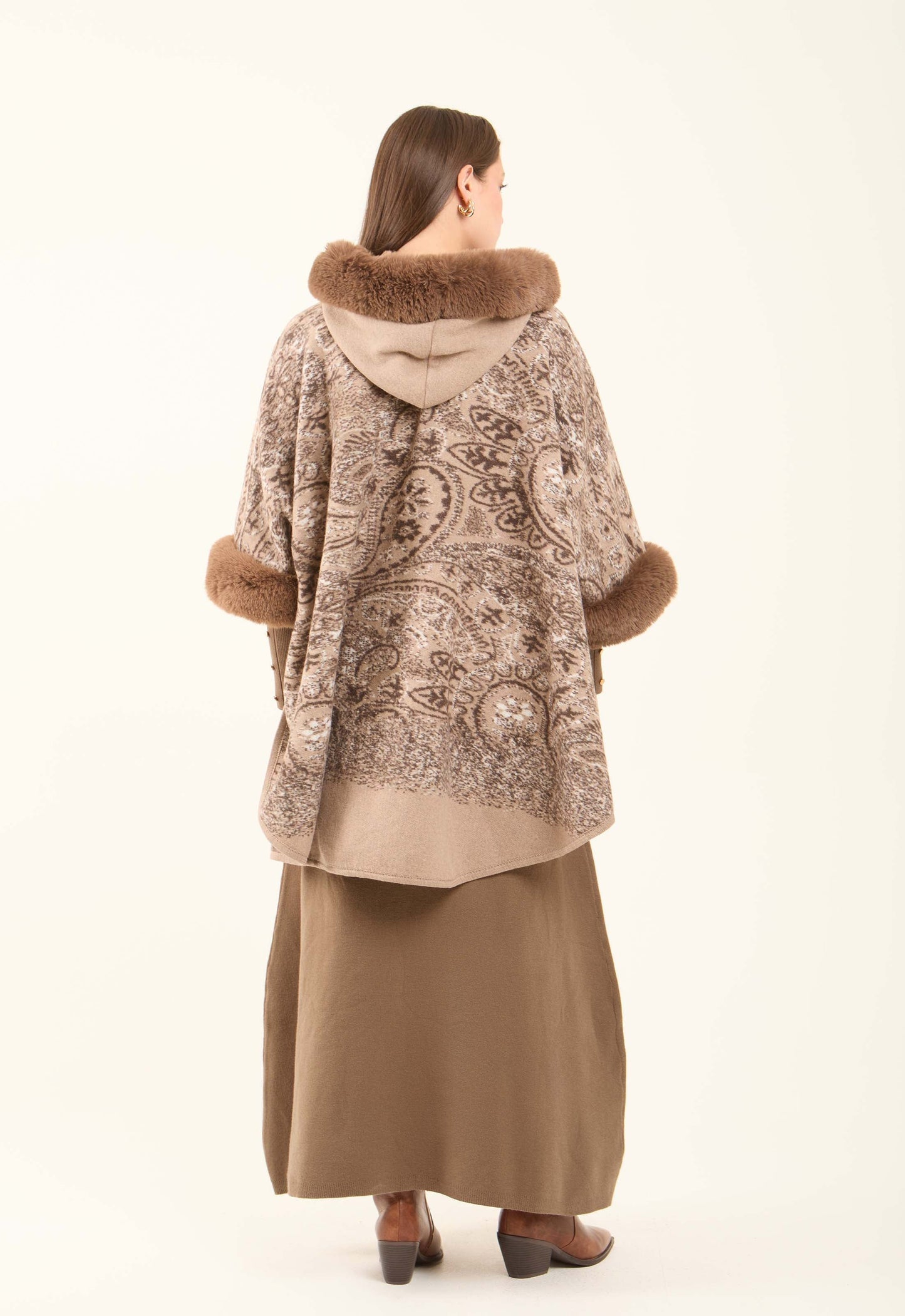 Fur Hooded Neck Patterned Poncho
