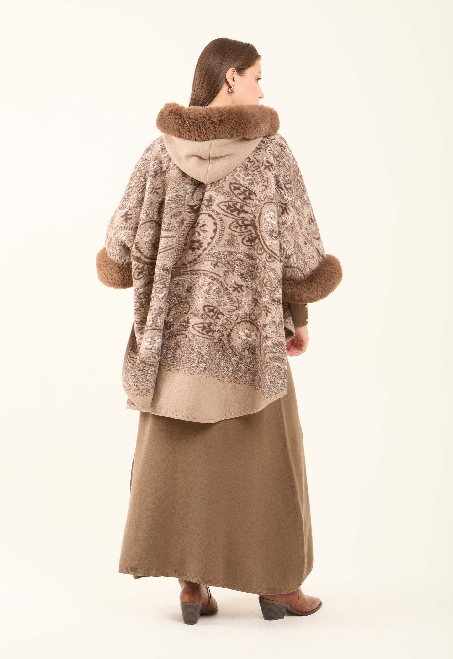 Fur Hooded Neck Patterned Poncho