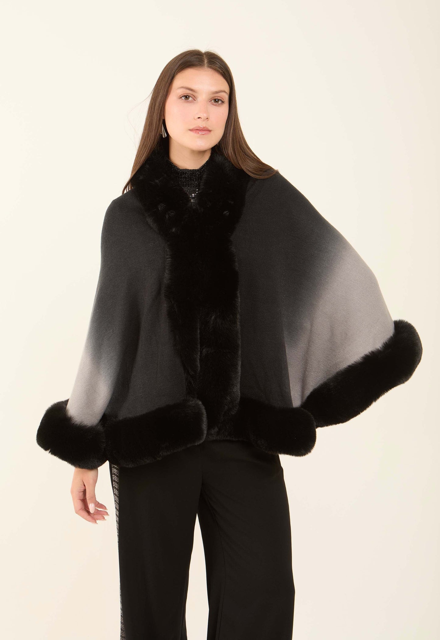 Elegant Slip On Poncho with Fur Trim