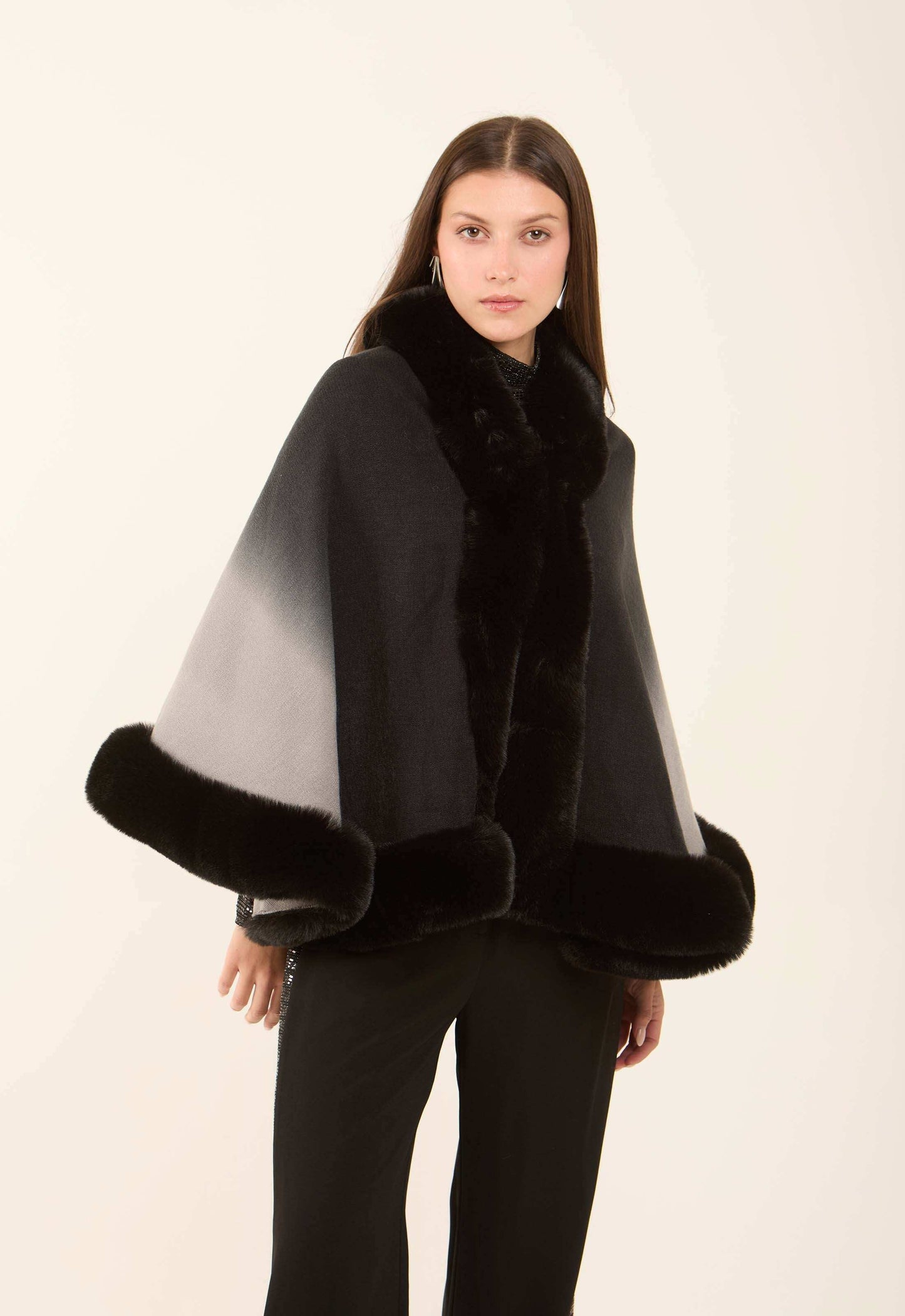 Elegant Slip On Poncho with Fur Trim