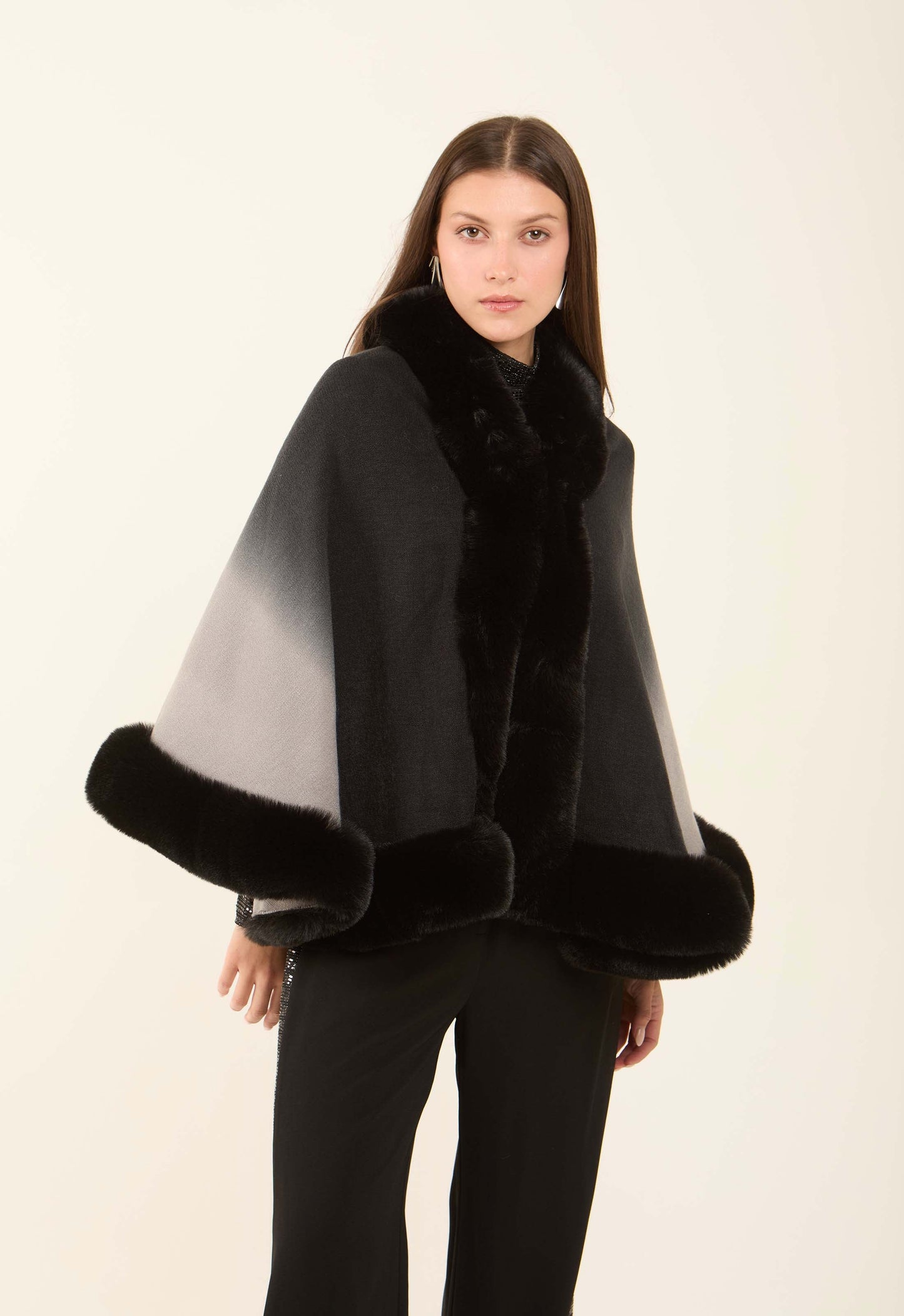 Elegant Slip On Poncho with Fur Trim