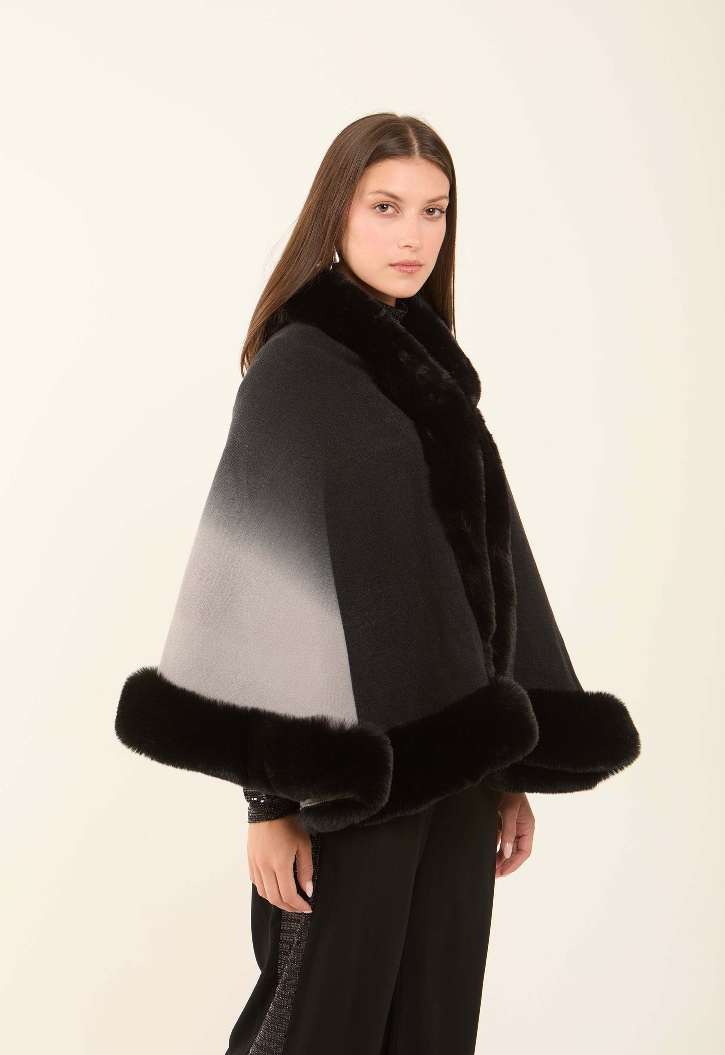 Elegant Slip On Poncho with Fur Trim