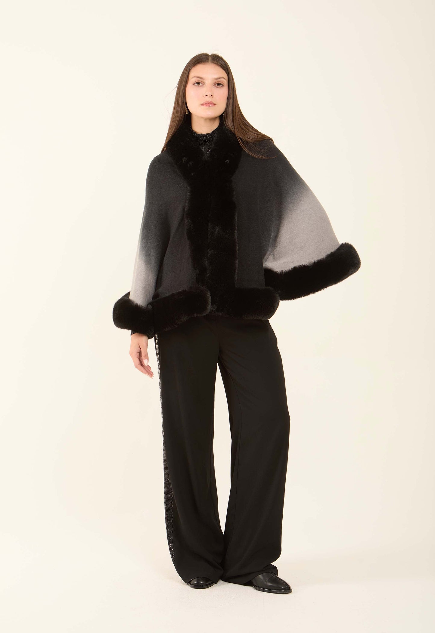 Elegant Slip On Poncho with Fur Trim