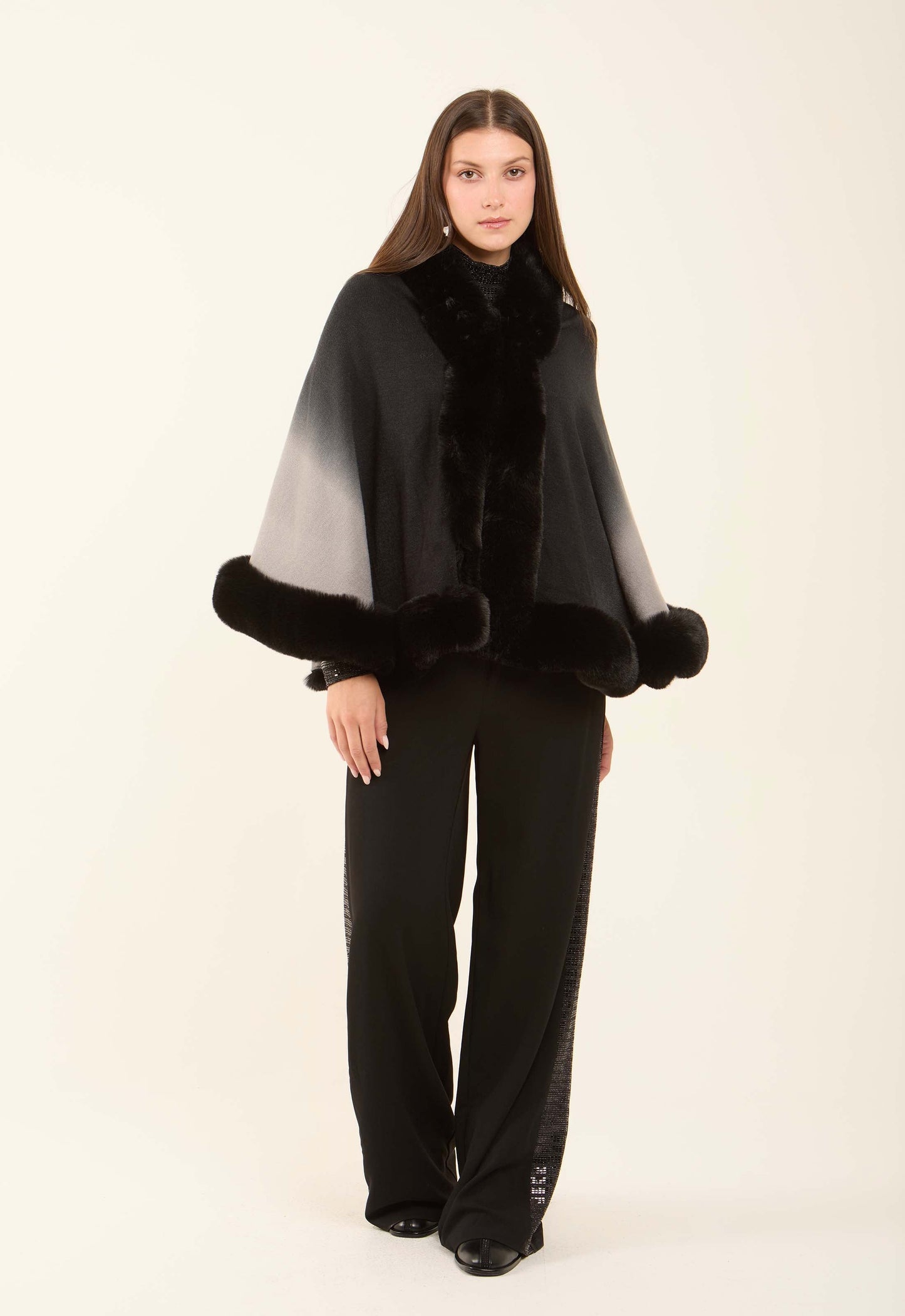 Elegant Slip On Poncho with Fur Trim