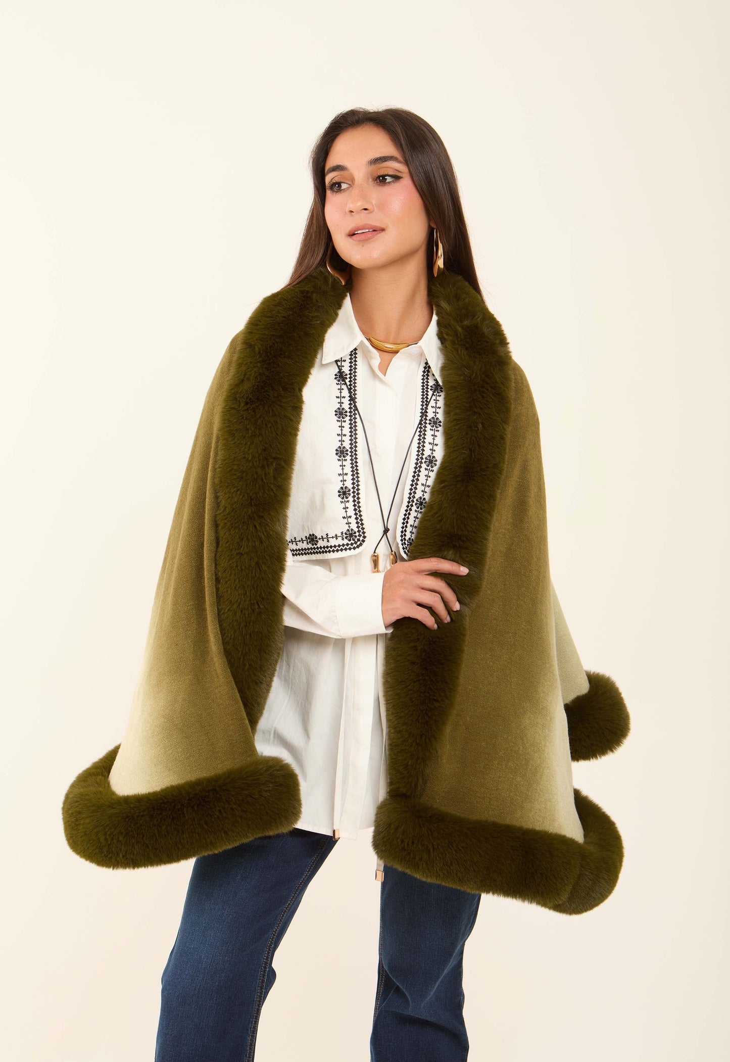 Elegant Slip On Poncho with Fur Trim