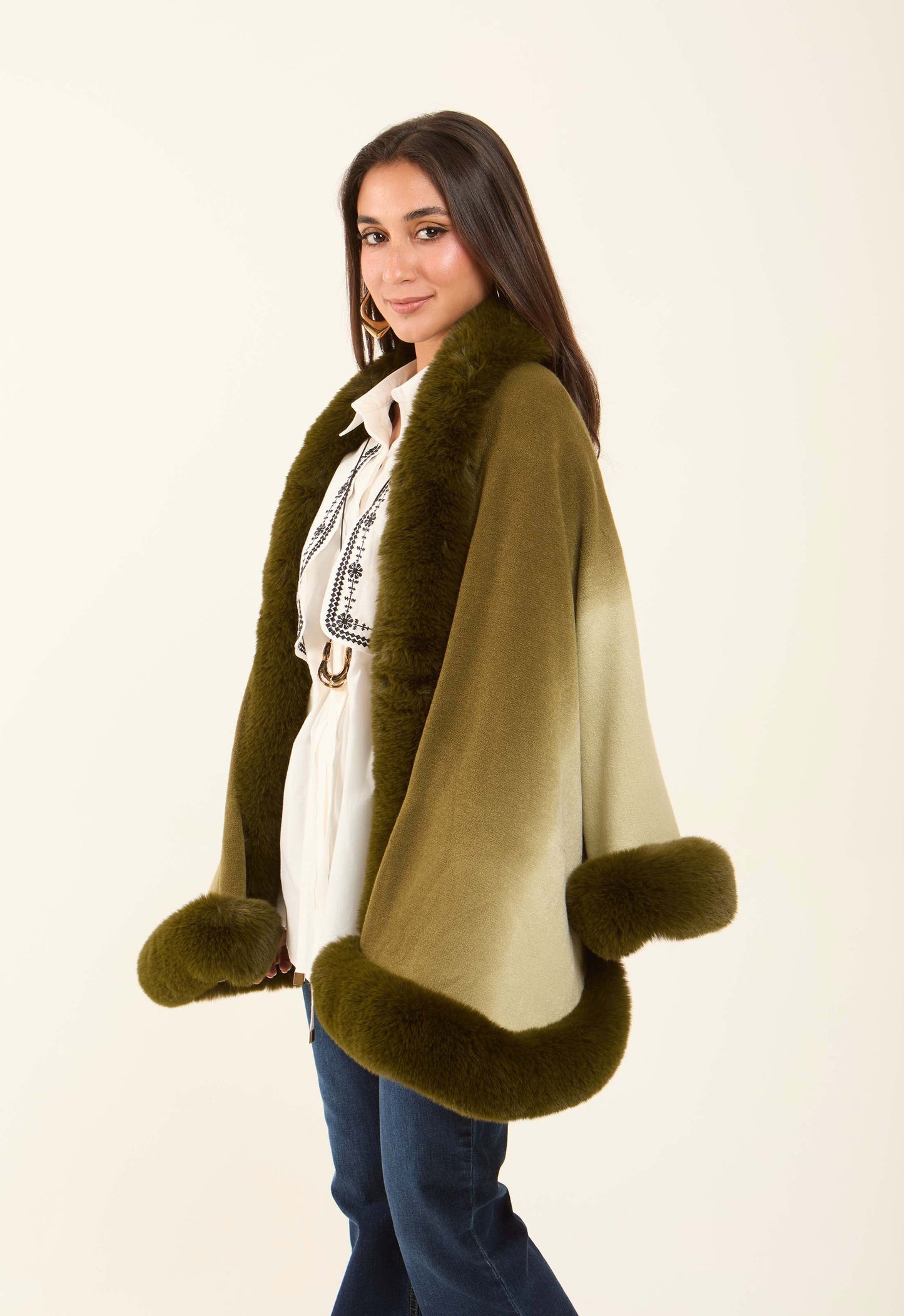 Elegant Slip On Poncho with Fur Trim