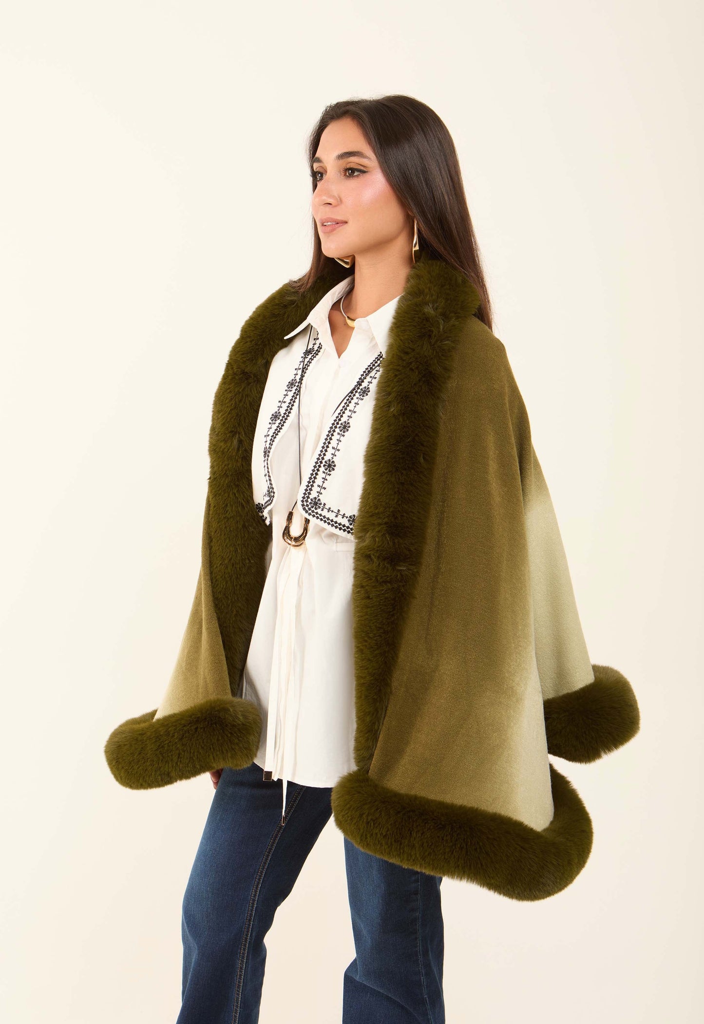 Elegant Slip On Poncho with Fur Trim