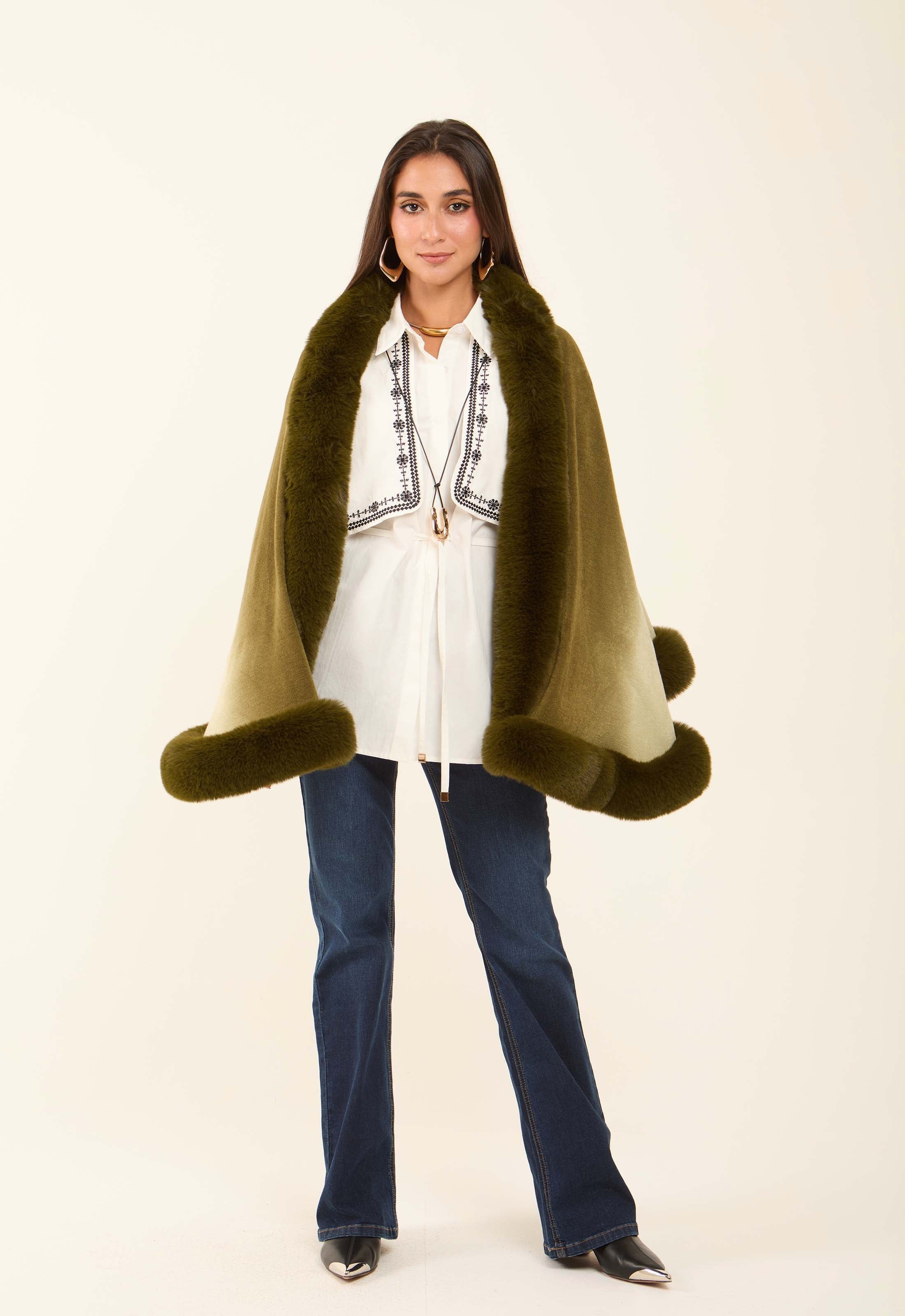 Elegant Slip On Poncho with Fur Trim