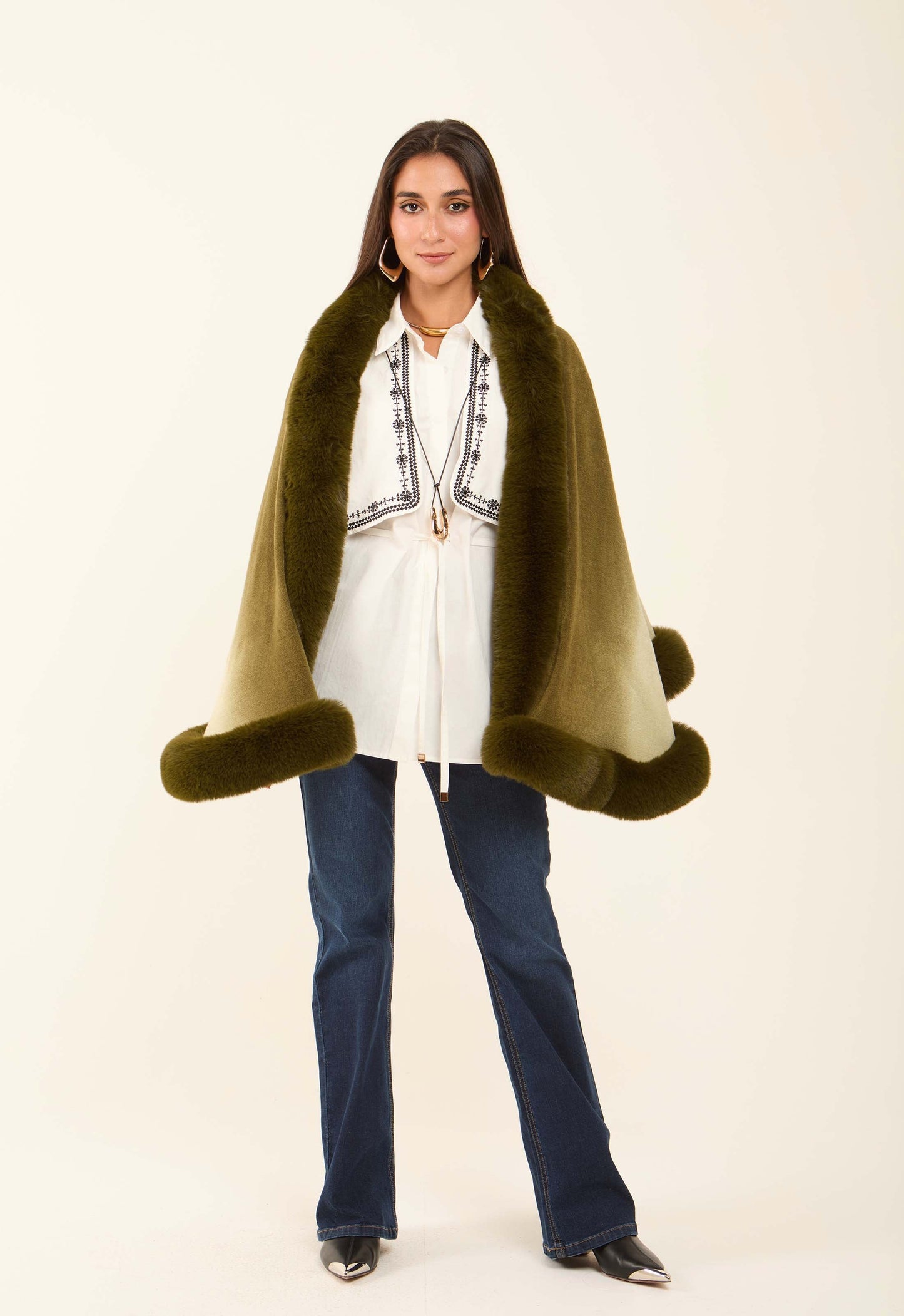 Elegant Slip On Poncho with Fur Trim