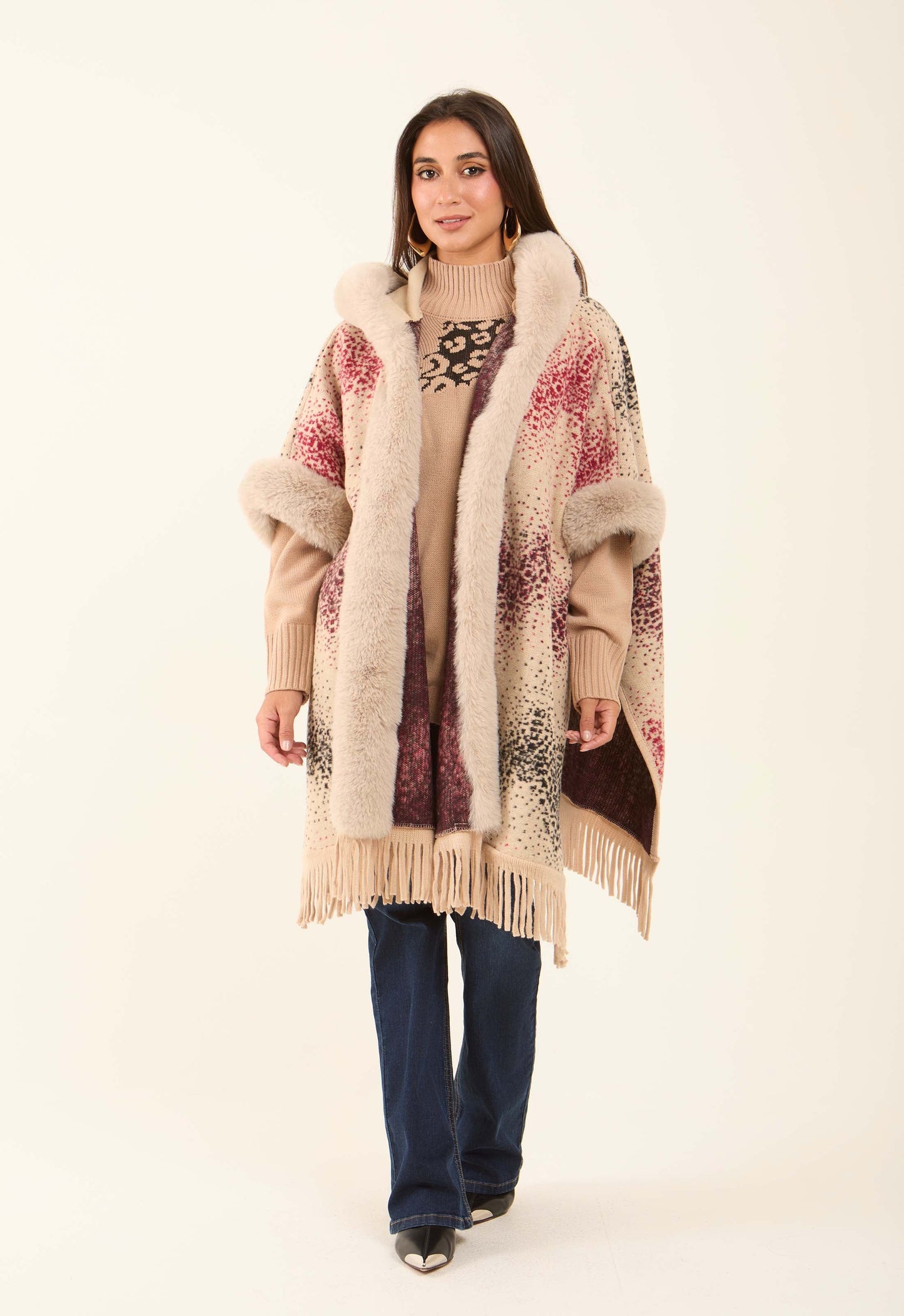 Fur Open Neckline Knitted Poncho with Fringes