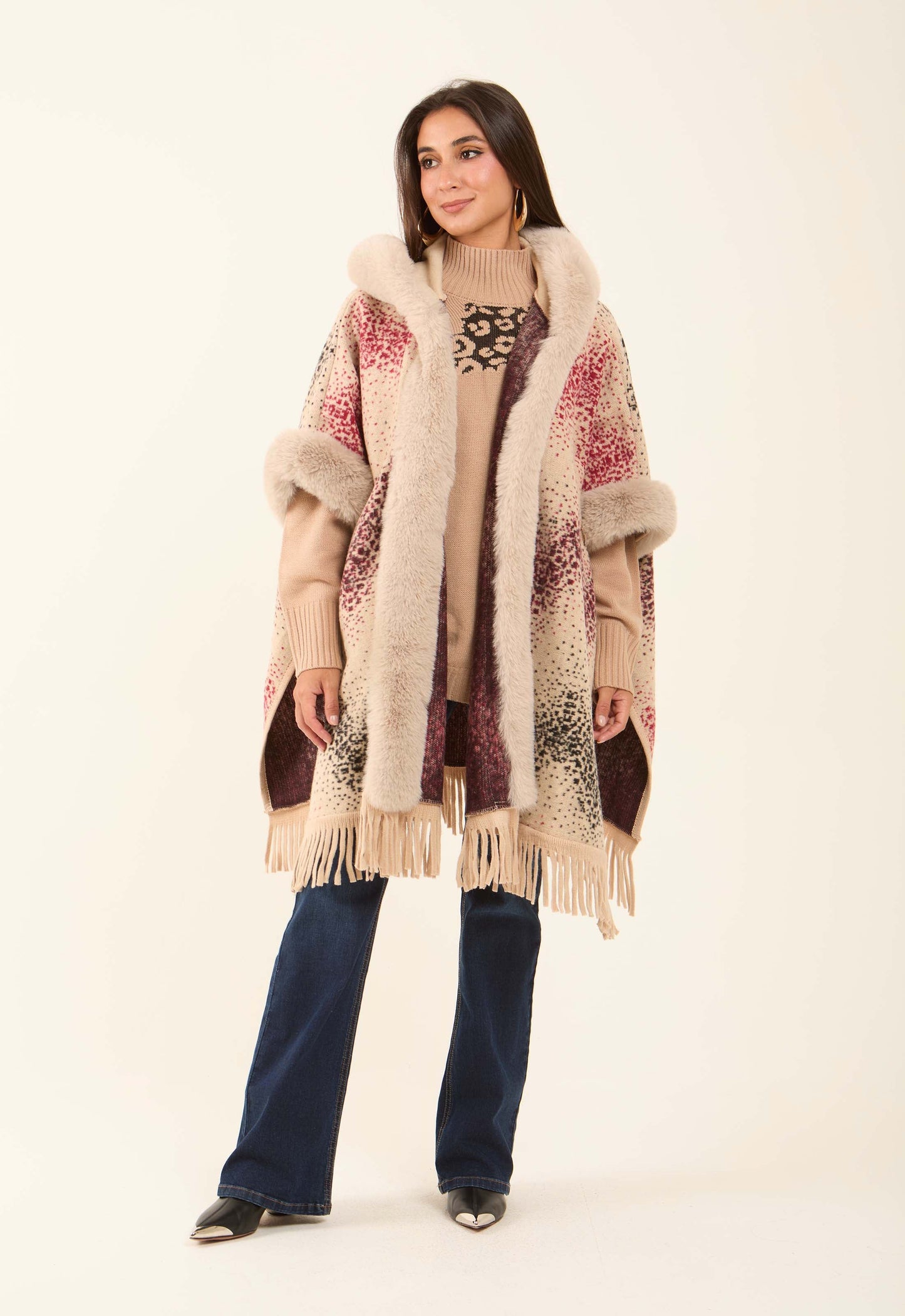 Fur Open Neckline Knitted Poncho with Fringes