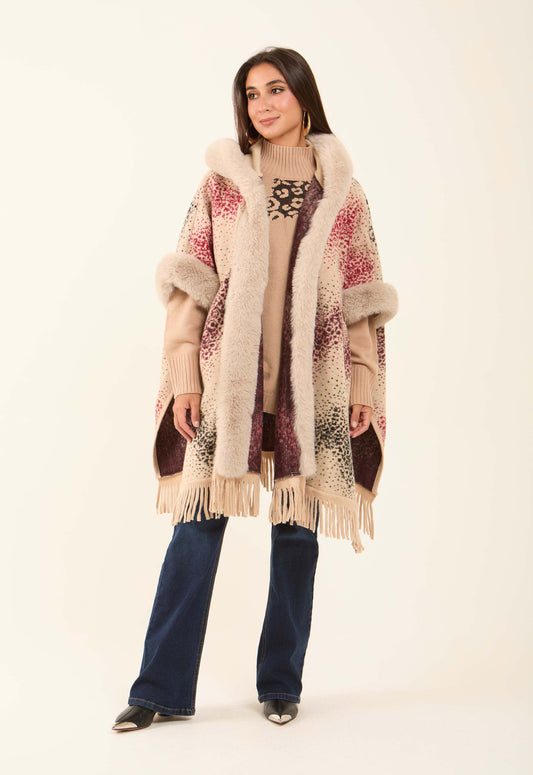Fur Open Neckline Knitted Poncho with Fringes